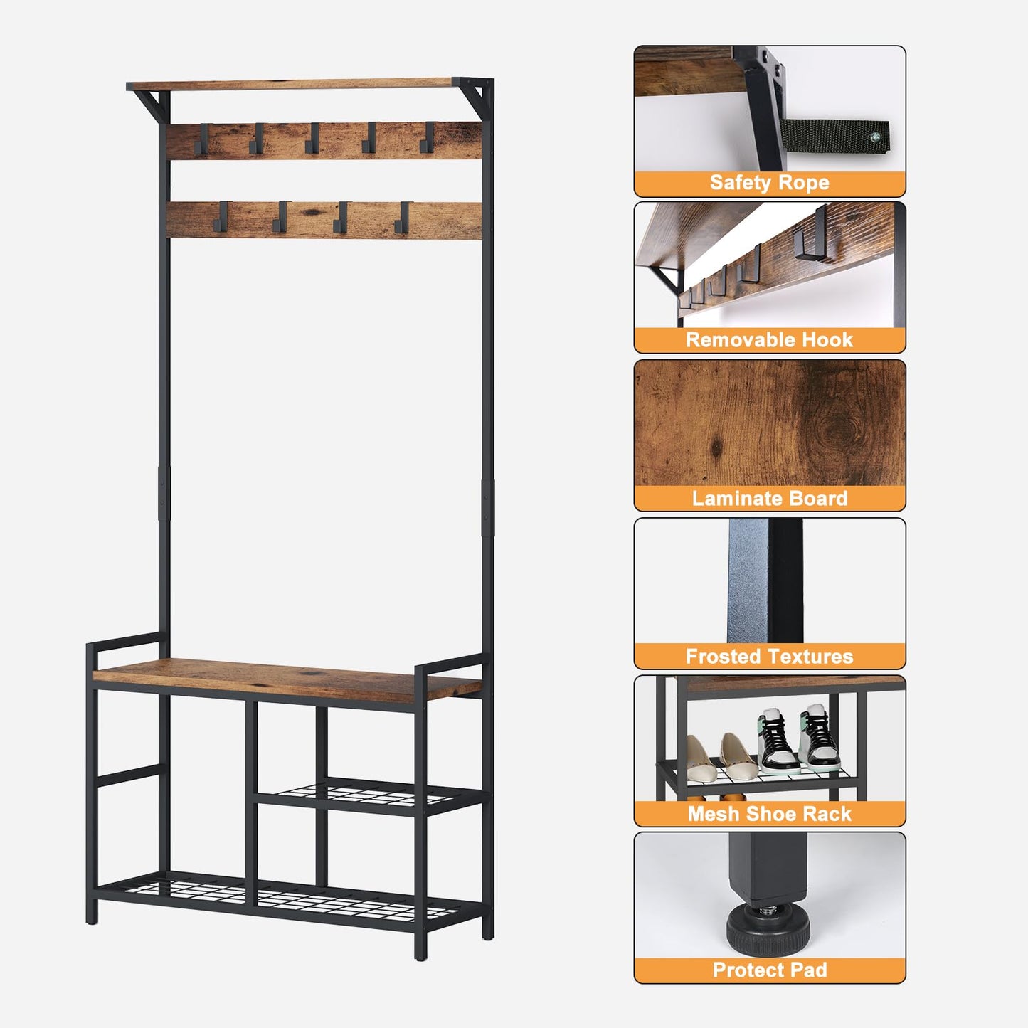 Industrial Coat Rack Freestanding Hall Tree 33"x12"x71.5" Rustic Brown
