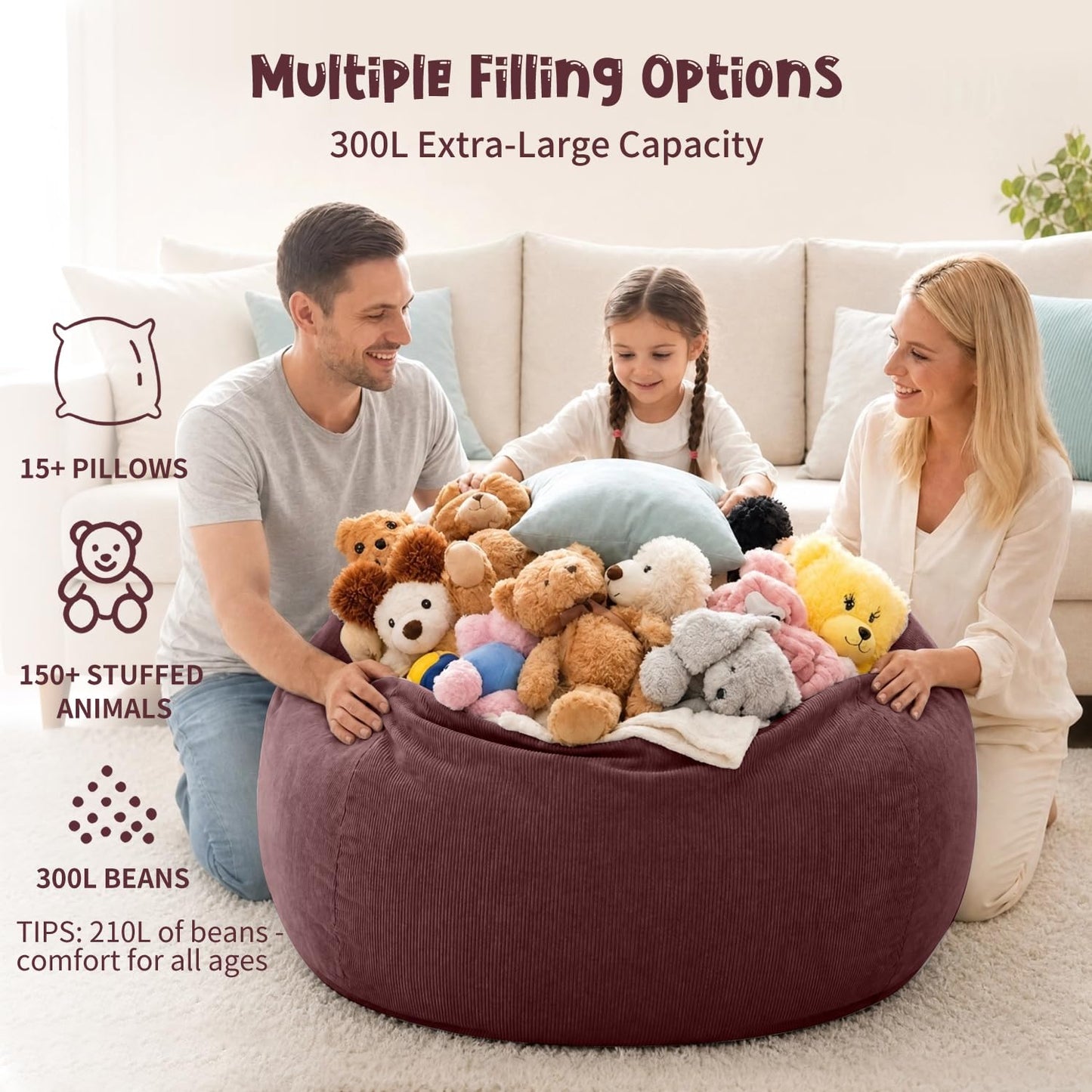 Nobildonna 3 ft Bean Bag Chair Cover (No Filler) for Adults and Kids 300L Extra Large Stuffed Animal Storage Bean Bag Washable Soft Premium Corduroy