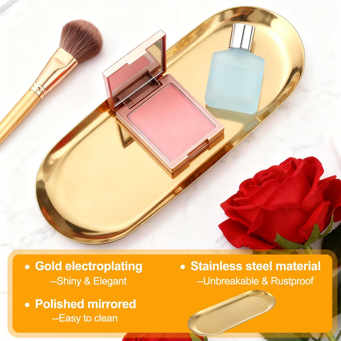 HAFRILY 2Pcs Oval Trinket Dish Stainless Steel Gold Tray Elegant Retro Jewellery Perfume Storage Decorative Tray Small Cosmetics Trays for Bedroom