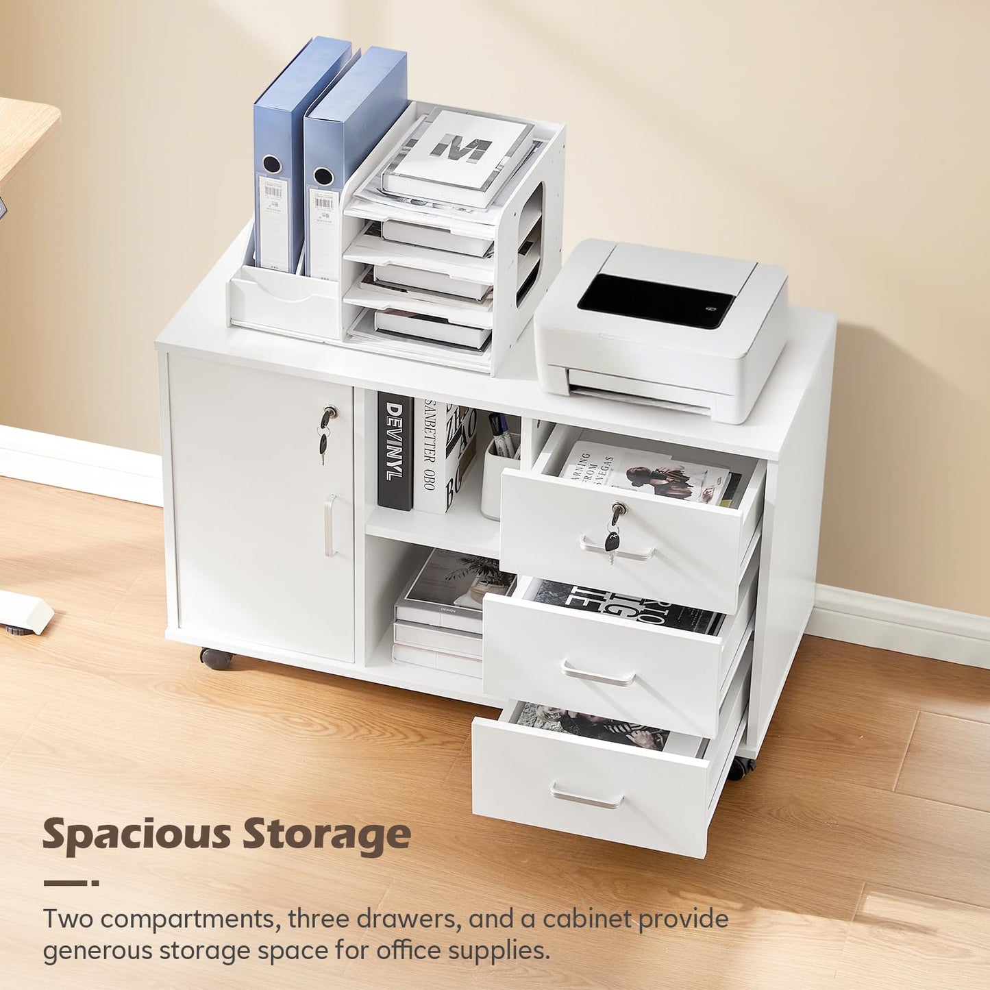 TUKAILAi Mobile File Cabinet with 3 Drawers and Lockable Cupboard, White