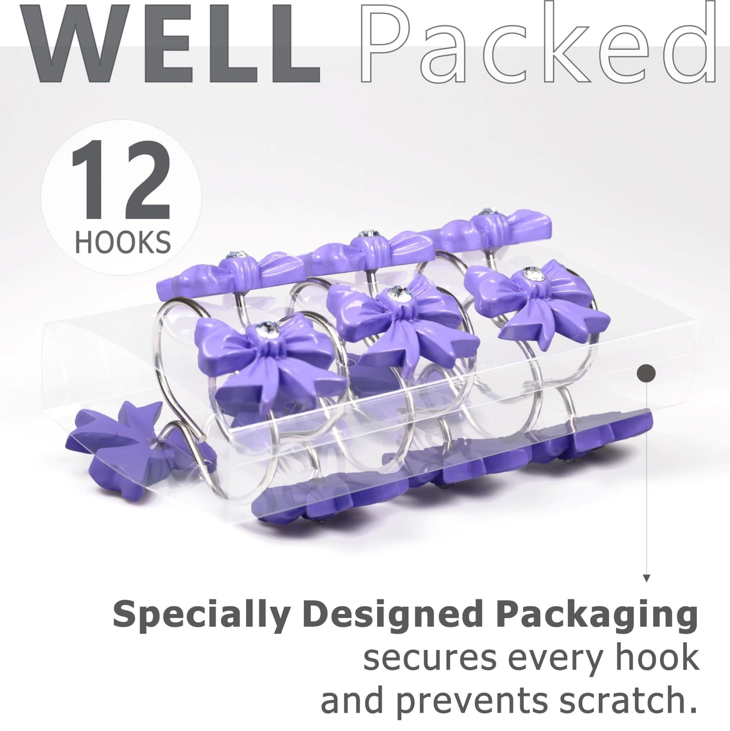 Purple Bow Shower Curtain Hooks: Decorative Bathroom Curtain Rings, 12Pcs