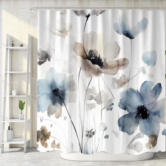 Sanzugh Boho Style Shower Curtain Cream Tan Beige Blue Grey White Watercolor Flower Fabric Shower Curtains Set for Bathroom Decoration with Hooks,