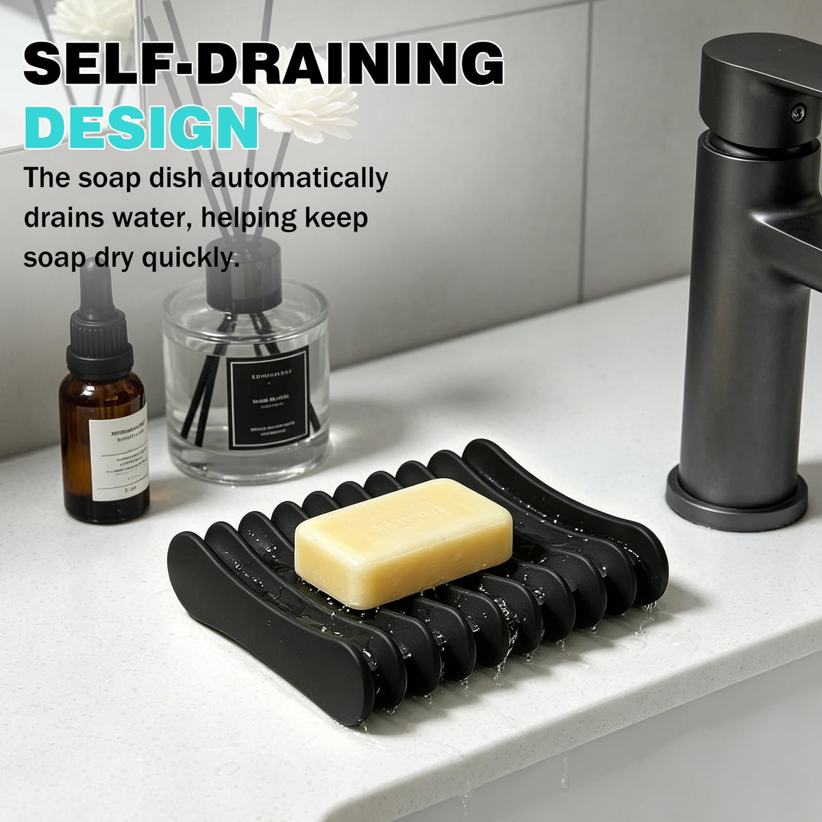 Langerspur Silicone Soap Dish 2 Pack Bar Soap Holder Self Draining Soap Tray Dishes for Bathroom Shower Kitchen Sink Travel Black