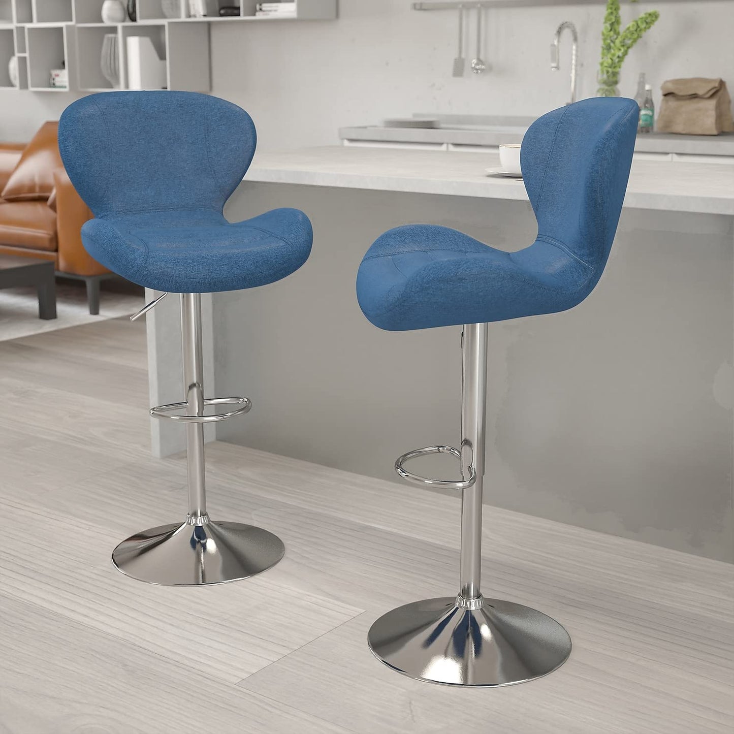 Flash Furniture Denville 2 Pack Contemporary Blue Fabric Adjustable Height Barstool with Curved Back and Chrome Base