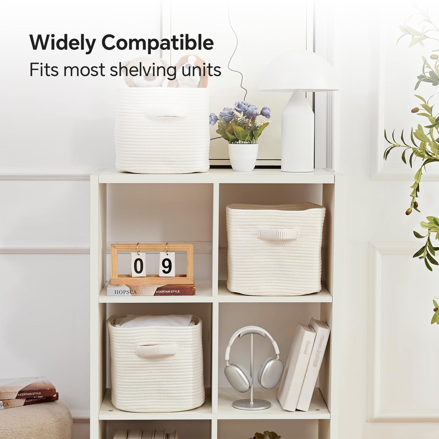 Mangata Set of 3 White Cotton Rope Cube Storage Baskets with Handles, 25x25x22cm, Woven Organisers for Shelves, Bathroom, Bedroom