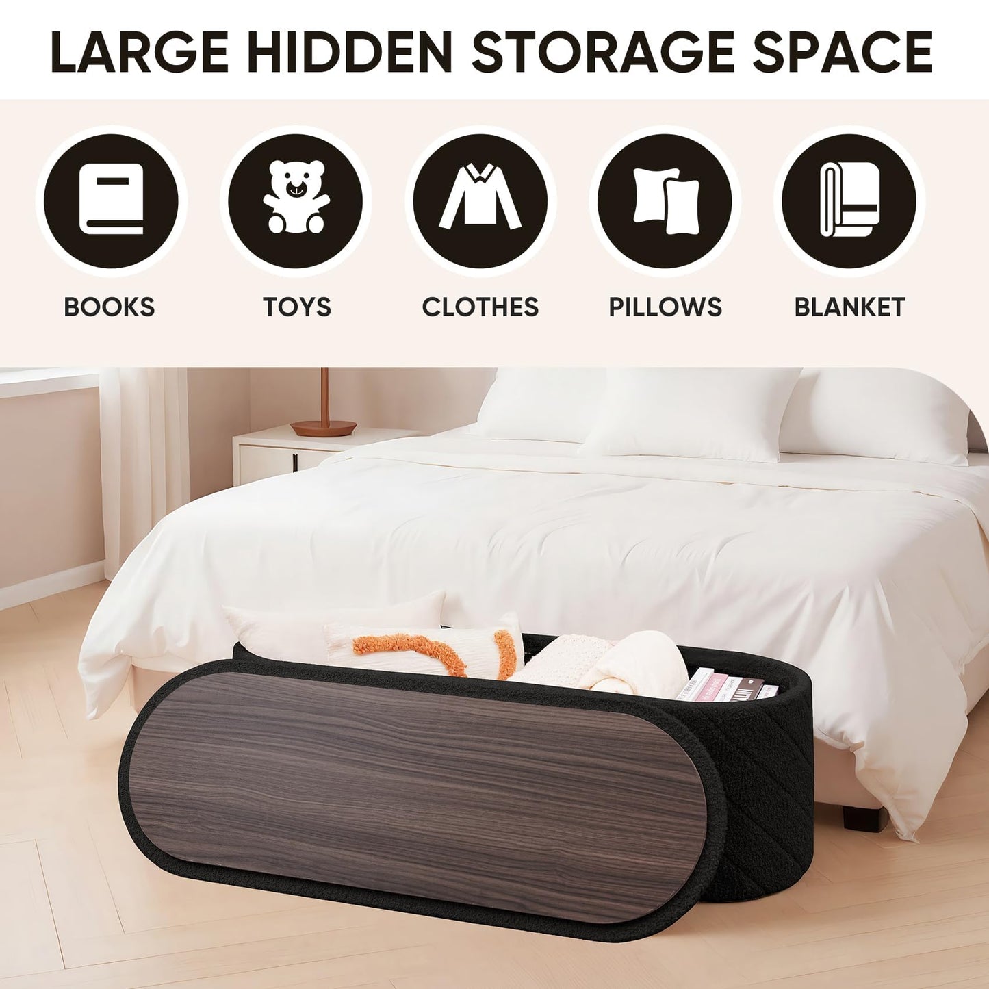 Bonlife Oval Ottoman with Storage Bench, Folding Foot Rest with Lid, Boucle End of Bed Bench,Foostool for Living