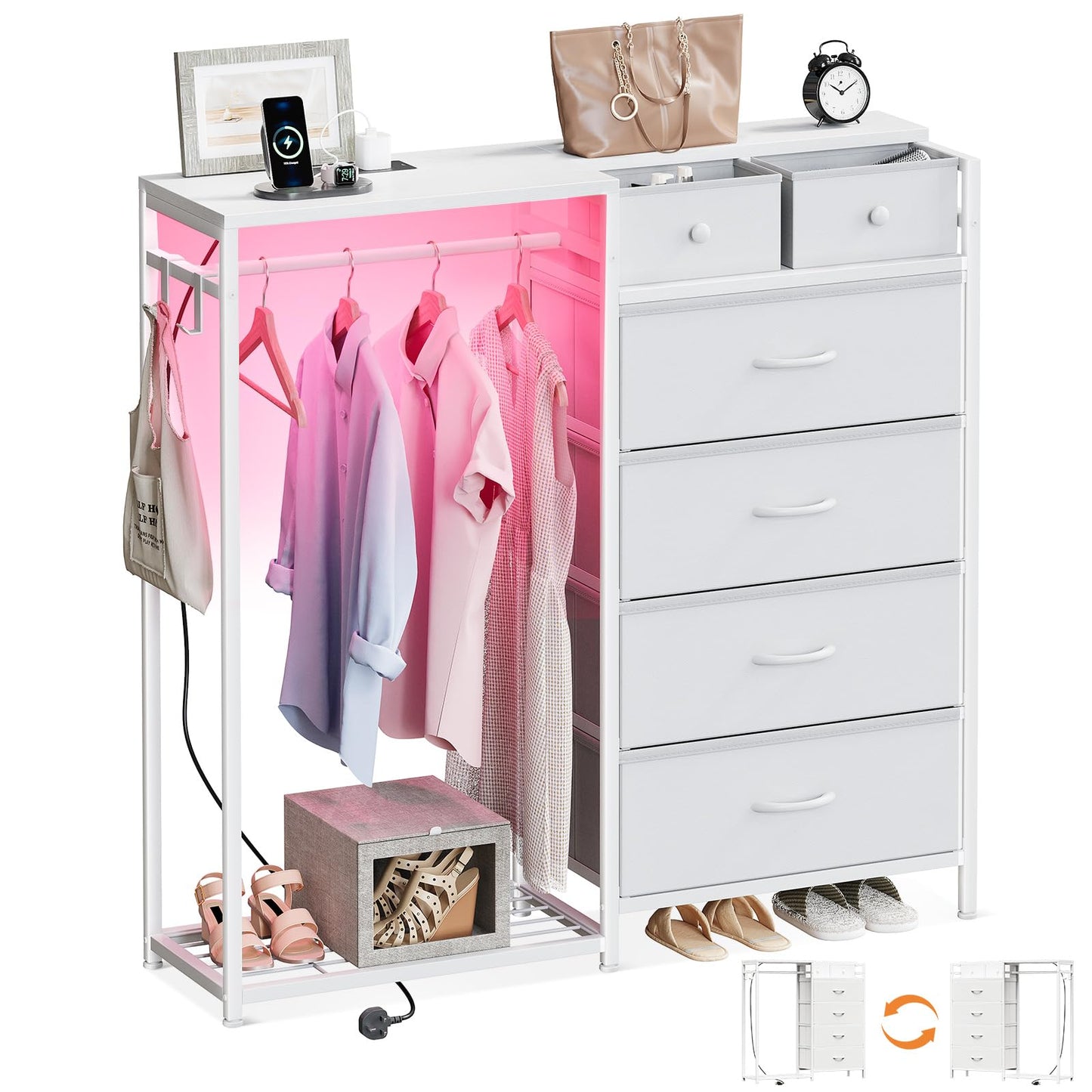 Coleshome Chest of Drawers Bedroom with Hanging Rail, 110x30x106cm, White
