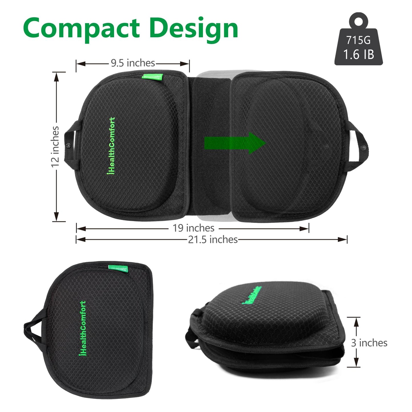 IHEALTHCOMFORT Small Travel Seat Cushion,Gel Memory Foam Seat Cushion,Supportive Butt Pillow,Portable and Foldable for Long Sitting Hours on Stadium