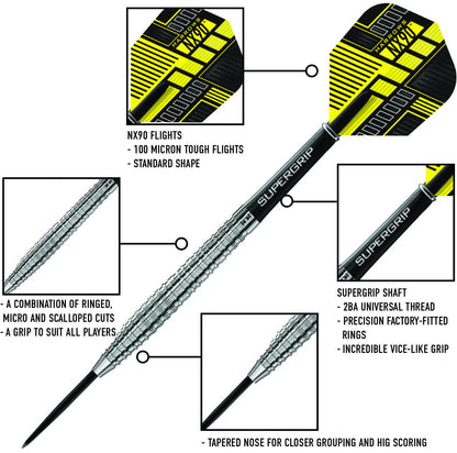 Harrows NX90 90% Tungsten Steel Tip Darts Set 21g, 22g, 23g, 24g, 25g & 26g - Includes Black Supergrip Midi Shafts & Micron NX90 Flights (24g)