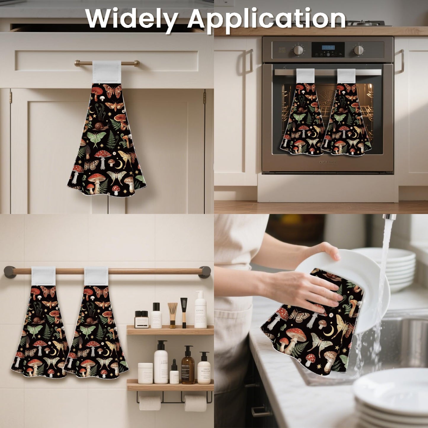 CUTHOLLOW 2 Pcs Mushroom and Moth Hanging Kitchen Towels with Loop