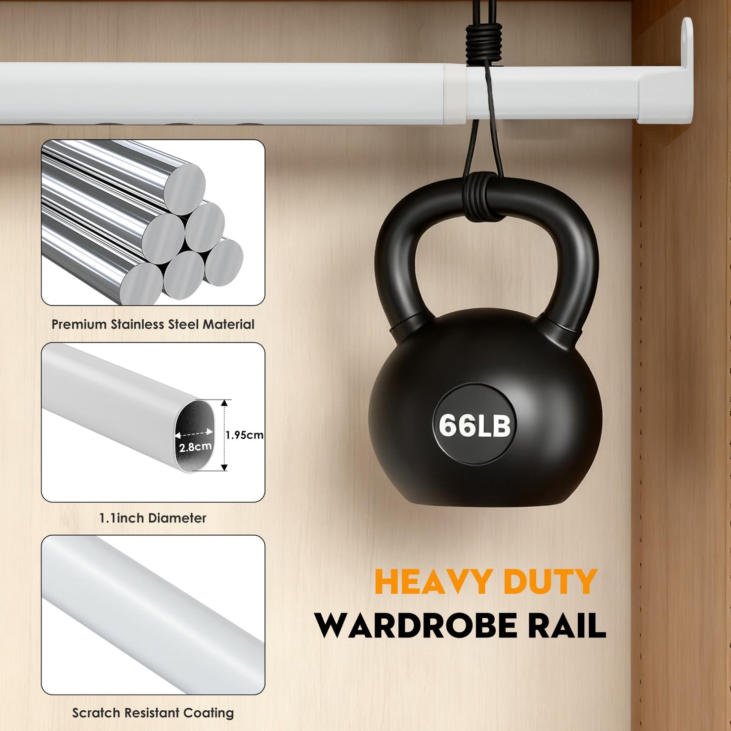 Poskena White Wardrobe Rail Extendable, 25 mm Wardrobe Pole 43-161cm