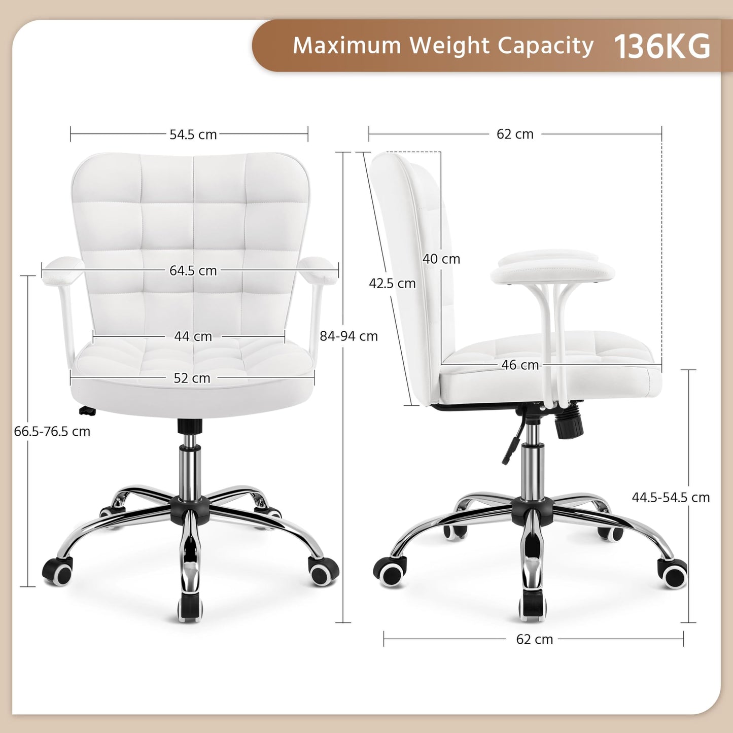 Yaheetech Faux Leather Swivel Vanity Chair with Detachable Armrests, White