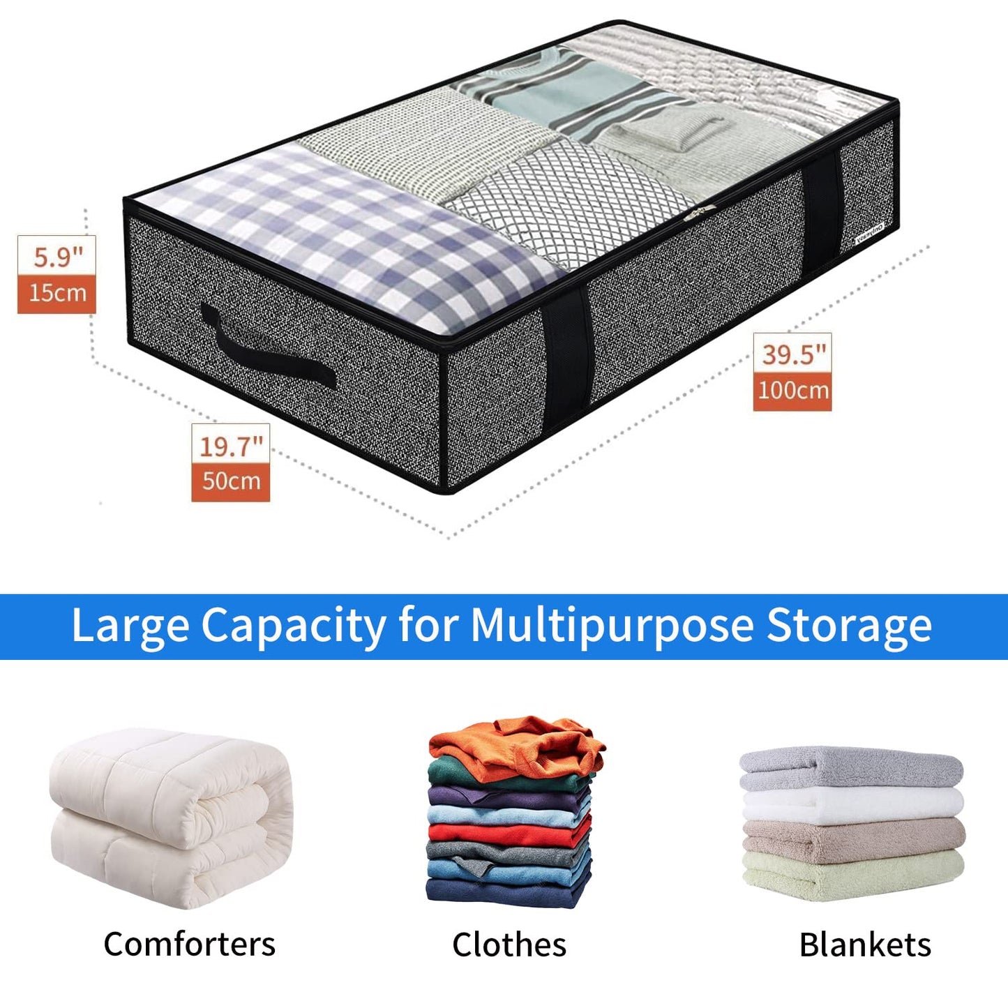 Onlyeasy 2 Pack Large Underbed Storage Bags Organizer Container with 4 Handles and 2 Zippers Blankets Clothes Duvets Foldable Storage Bags with Clear