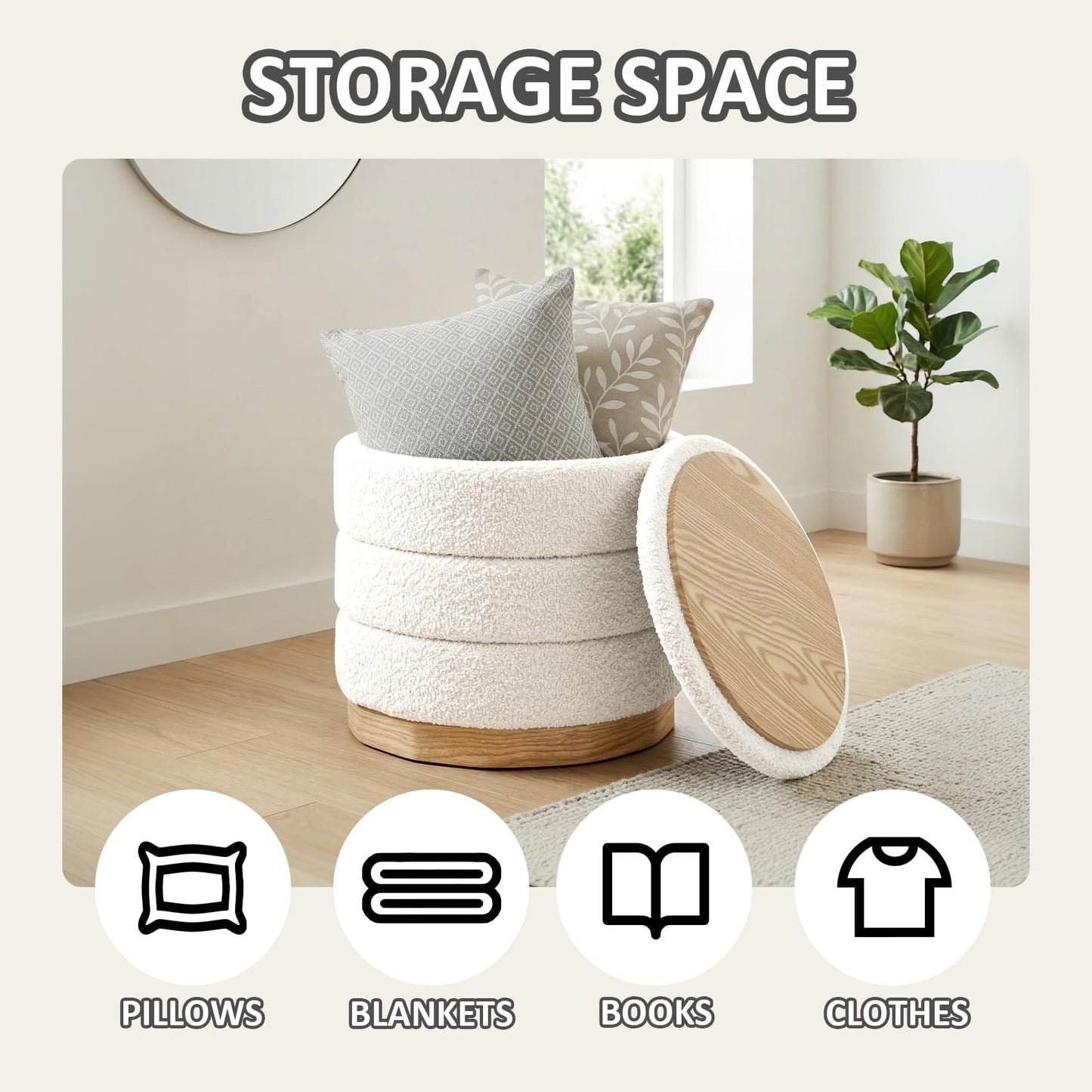 PINPLUS Round Chenille Storage Ottoman, Tray Top, 39x39x37 cm, Cream White