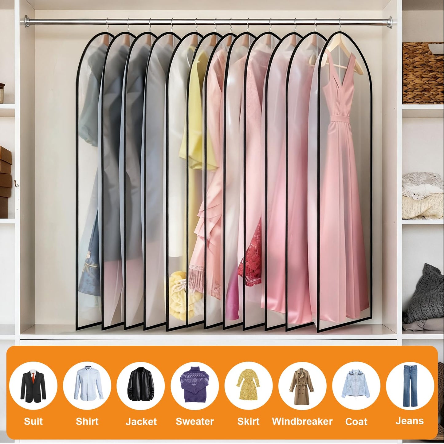 12 Pack Garment Bags, 47in PEVA Suit Bags Clothes Covers, Black Edge