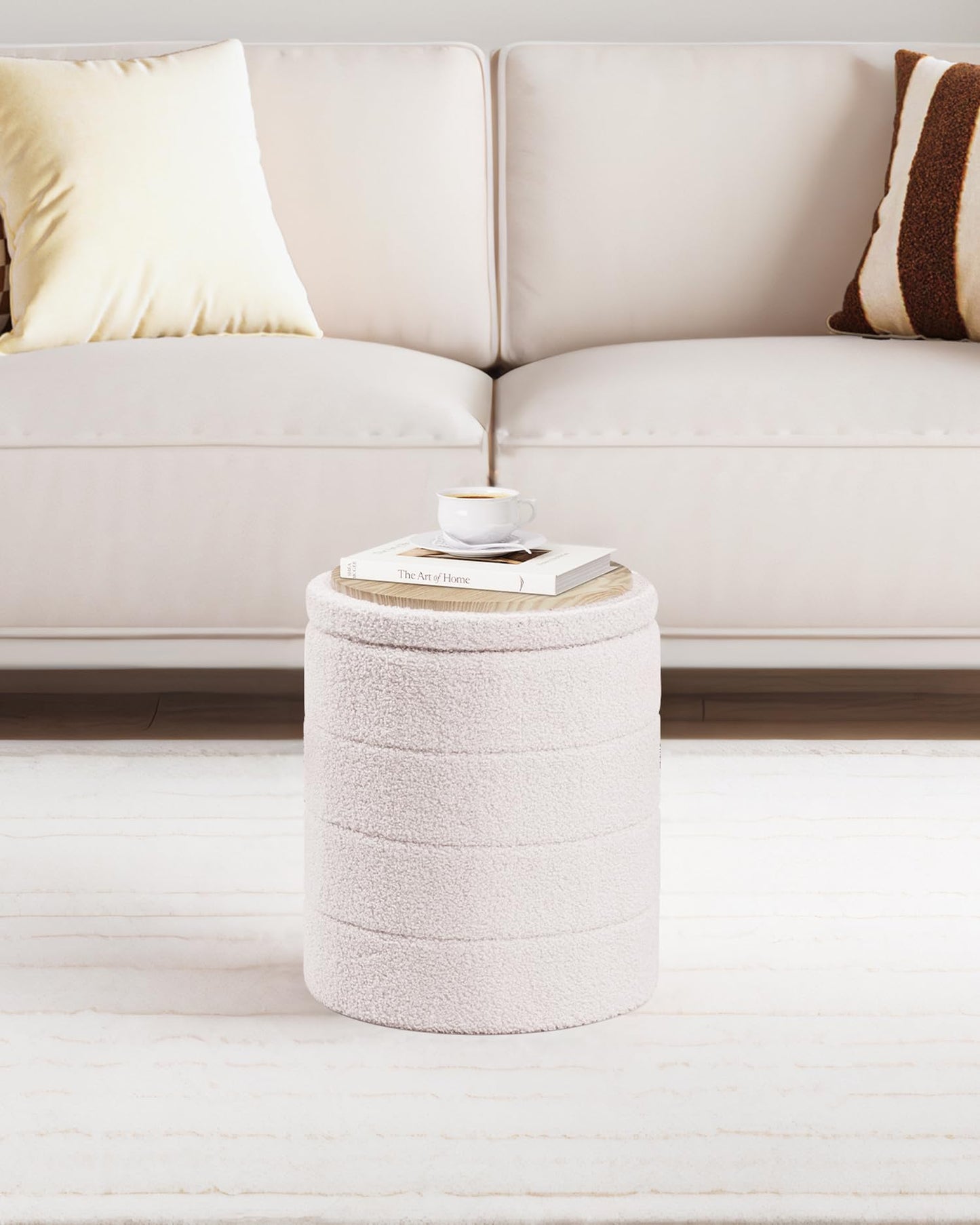PINPLUS Round Ottoman Storage, Convertible Table, Cream White, 37x37x45 cm