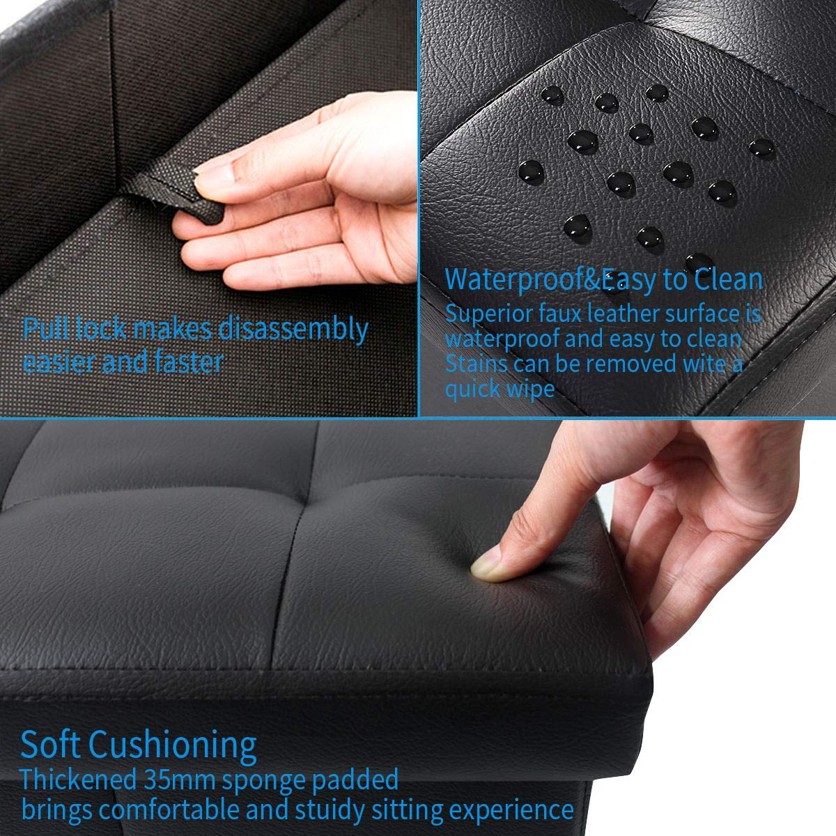 BRIAN & DANY Folding Ottoman Storage Box with Lid, Faux Leather Footstool Toy Storage Box Storage Seat 38 x 38 x 38 cm (Black)