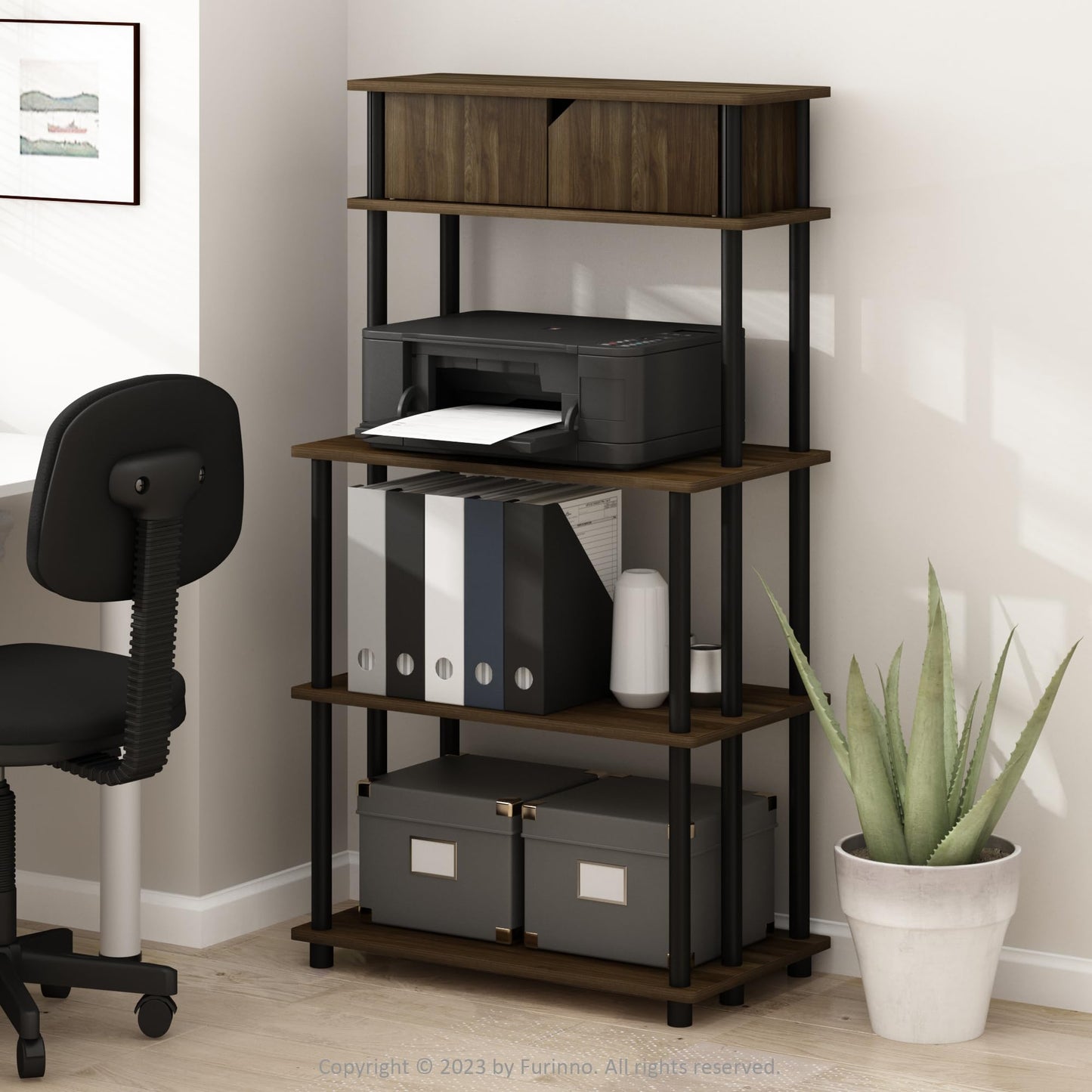 Furinno TURN-N-TUBE Printer Stand with Storage, 5-Tier Large Printer Stand, Standing Printer Table with Top Cabinet, for CPU, Office Supplies