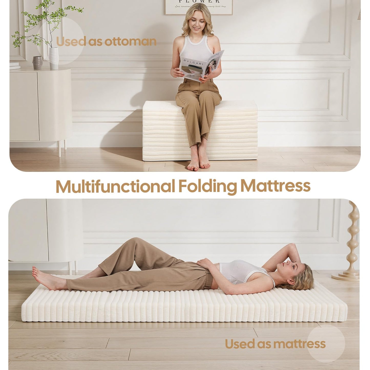 MeMoreCool Folding Floor Mattress 190x90cm, 4-Fold Foam Guest Bed, Beige
