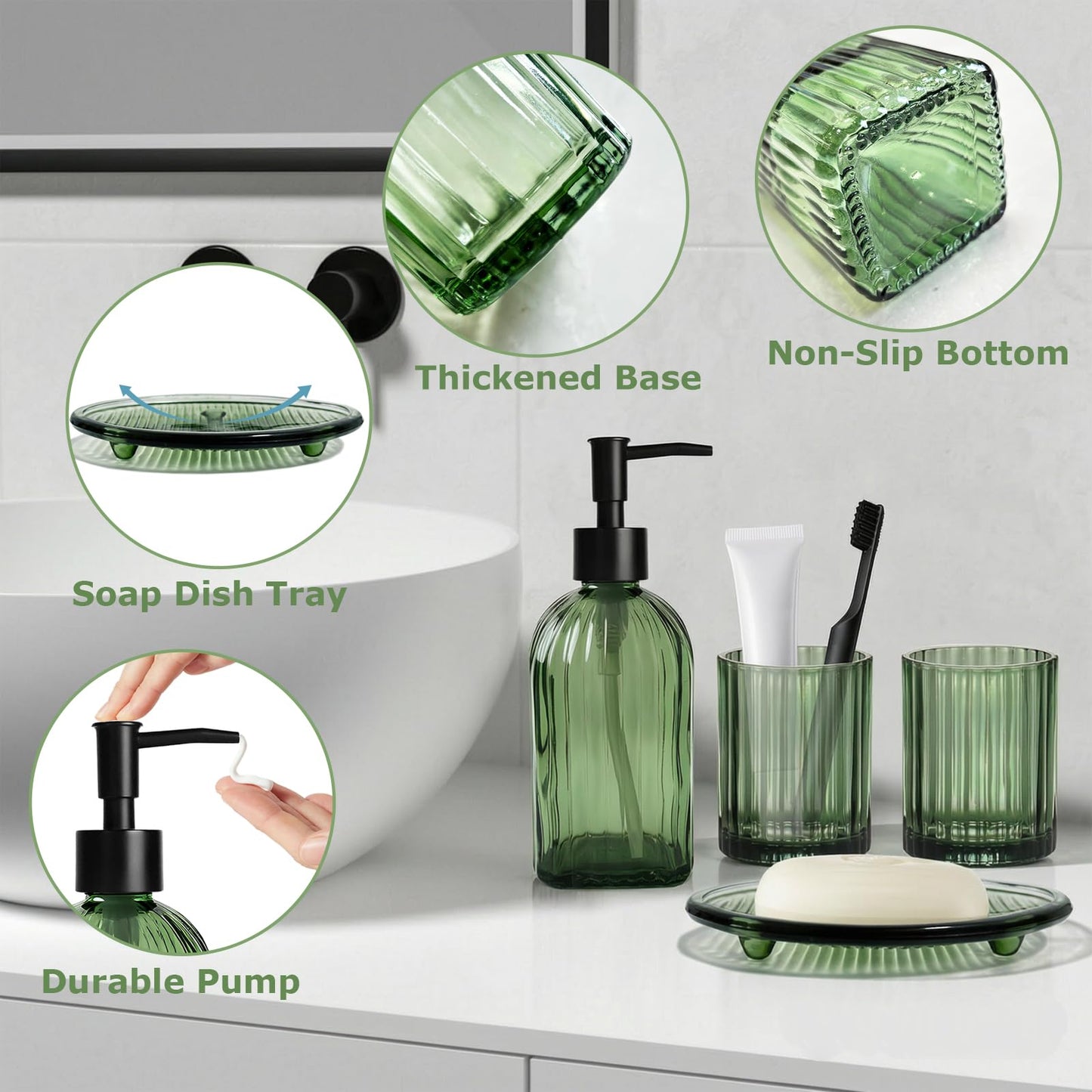 GKSCXEXE 4PCS Green Bathroom Accessories Set, Bathroom Soap Dispenser Set