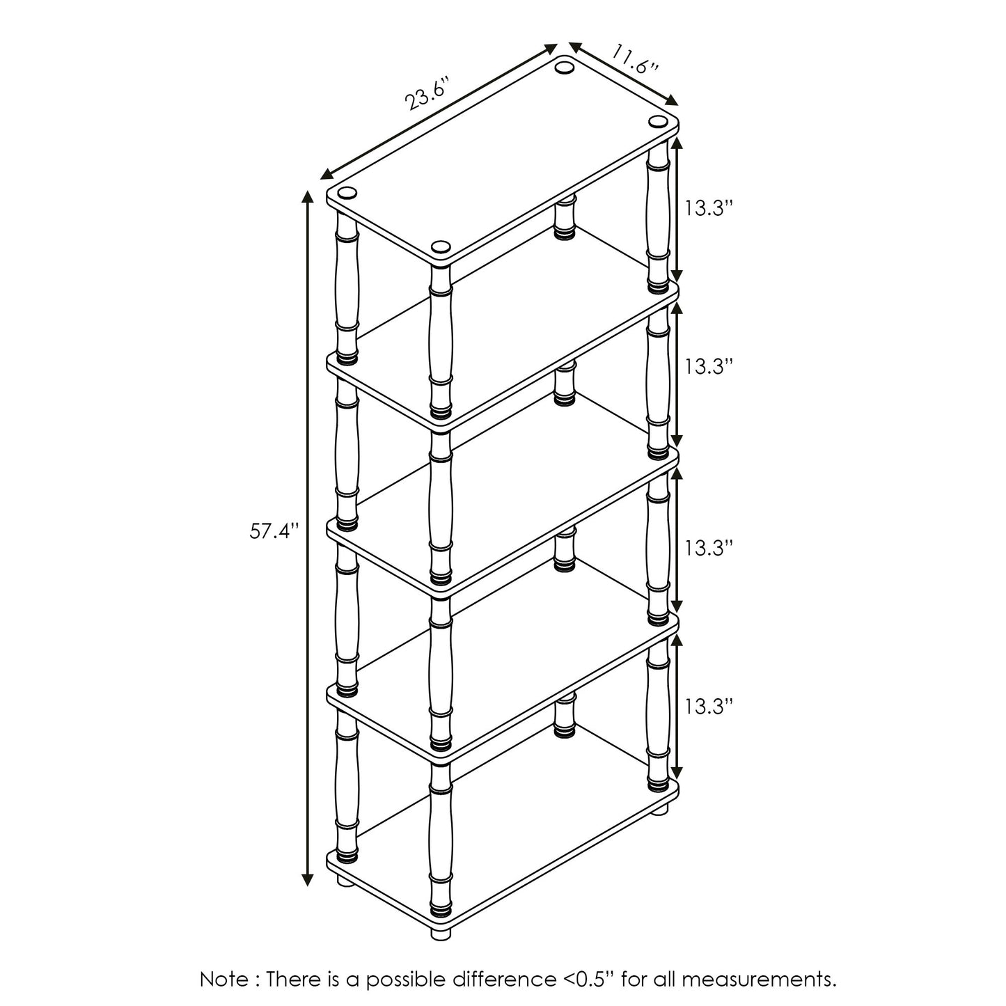 Furinno Turn-S-Tube Toolless Assembly 5-Tier Black Book Shelf, Corner Shelf, Open Shelves, Classic Tubes, for Organization and Storage, Living Room