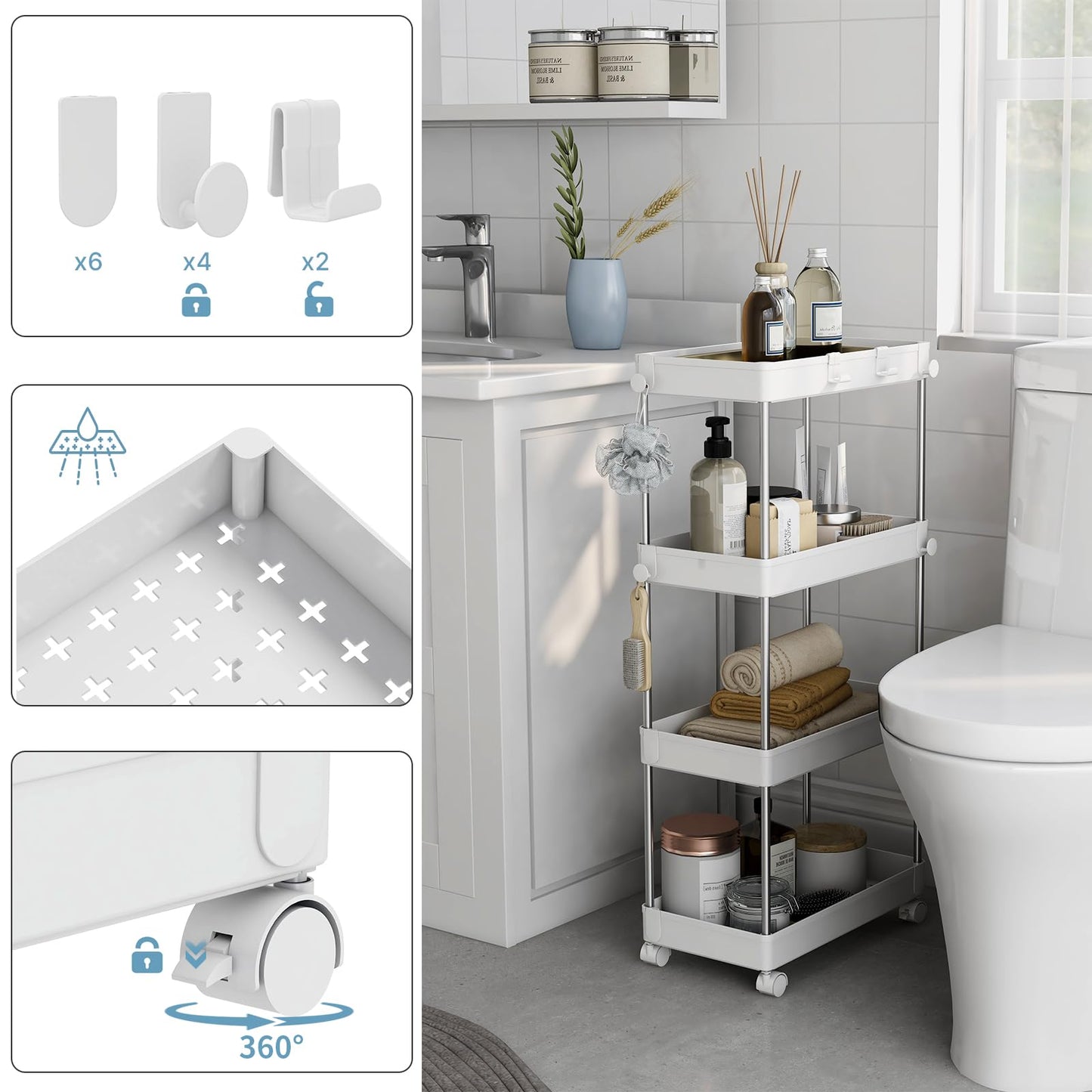 Mondeer Storage Trolley, 4-Tier Storage Rack with Wheels, Multifunctional Suitable for Office Kitchen Bathroom, W22 x D40 x H85cm, White