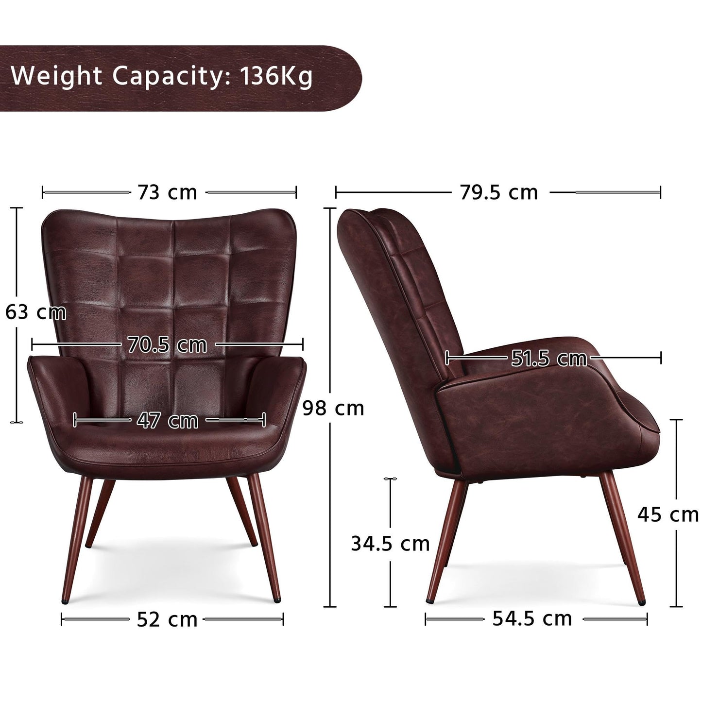 Yaheetech Accent Chair Faux Leather Modern Armchair High Back Sofa Chairs for Living Room/Bedroom, Chestnut Brown