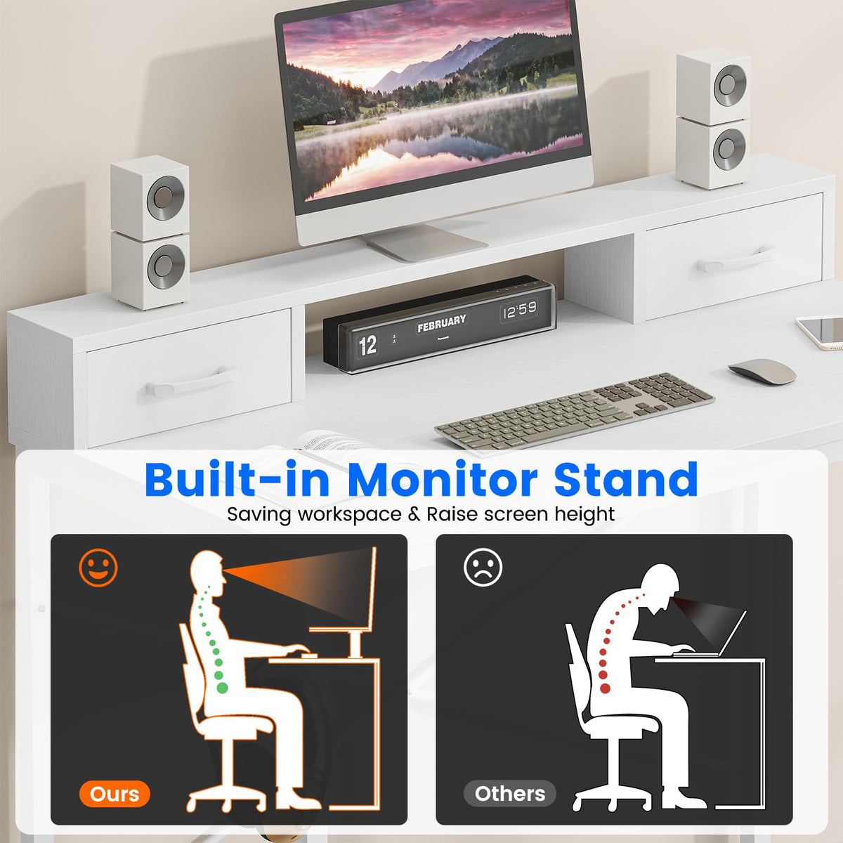 Feonase Industrial-Style Computer Desk with Elevated Monitor Riser & Dual Drawers – 100cm Wide MDF Desktop for Home Office