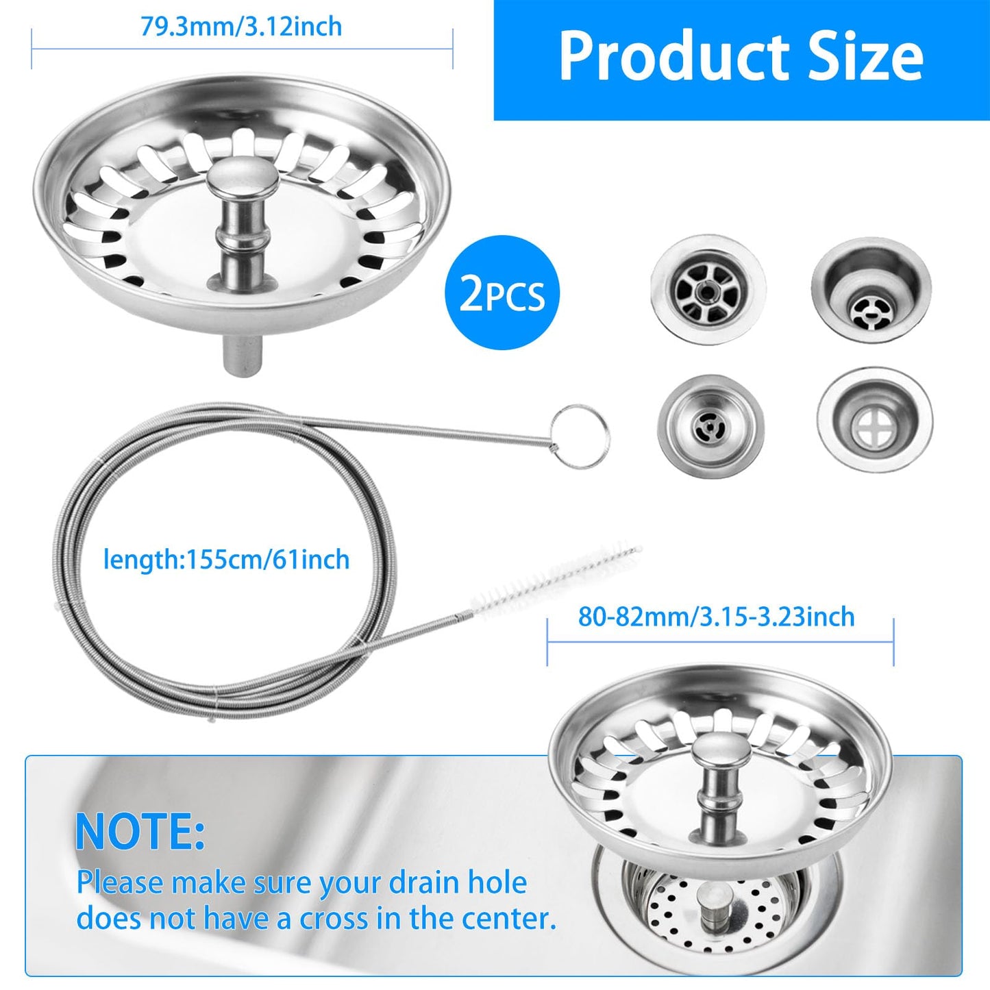 Sink Strainer Plug Replacement 79mm Stainless Steel Thickened Sink Stopper