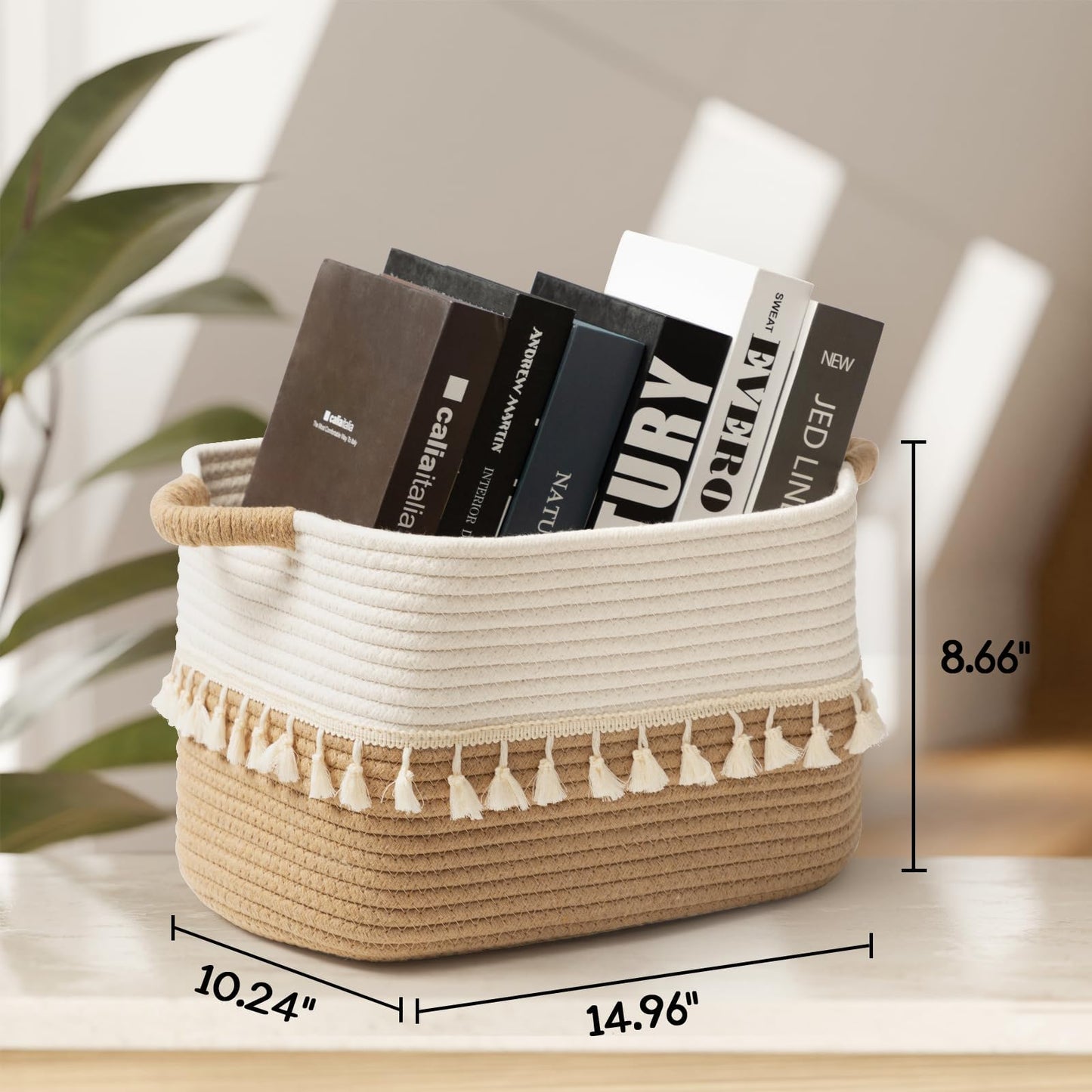danpinera Storage Baskets 38x25x22cm – Woven Storage Basket with Tassels, Toy Basket with Handle, Rope Organizer for Living Room, Bathroom Baskets