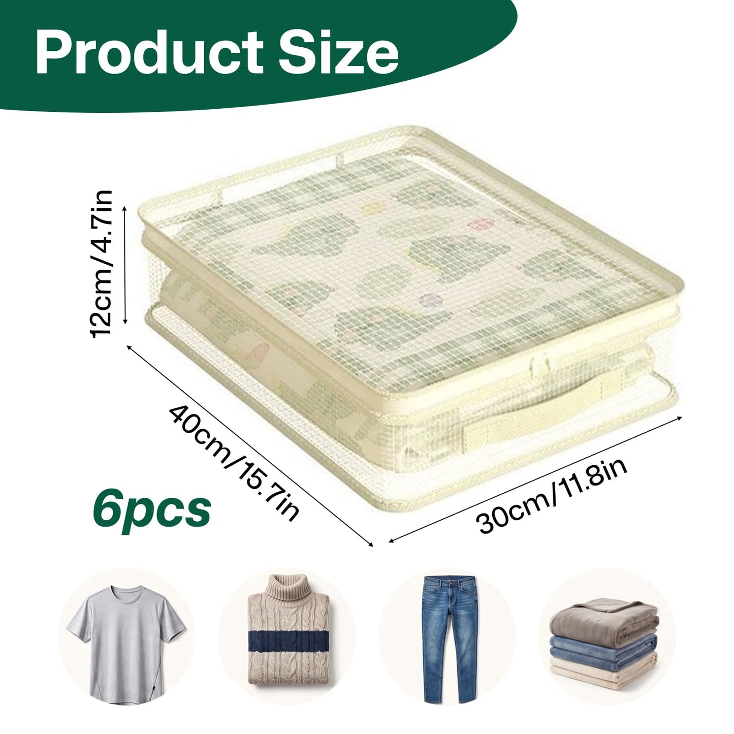 6 Pack PVC Mesh Storage Bags with Handles, 40 x 30 x 12 cm Clear Zippered Organizer Foldable Plastic Clothes Organiser Bag Underbed Storage Bags Bed