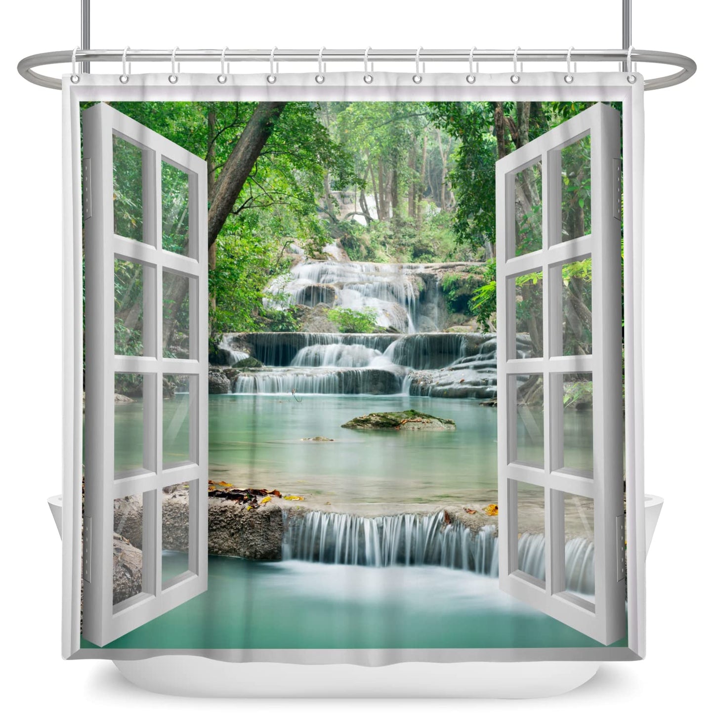 SDOTPMT 180x180cm Window View Shower Curtain Spring Waterfall Trees Natural Scenery Wilderness Landscape Bath Curtain White Window Picture Modern Art