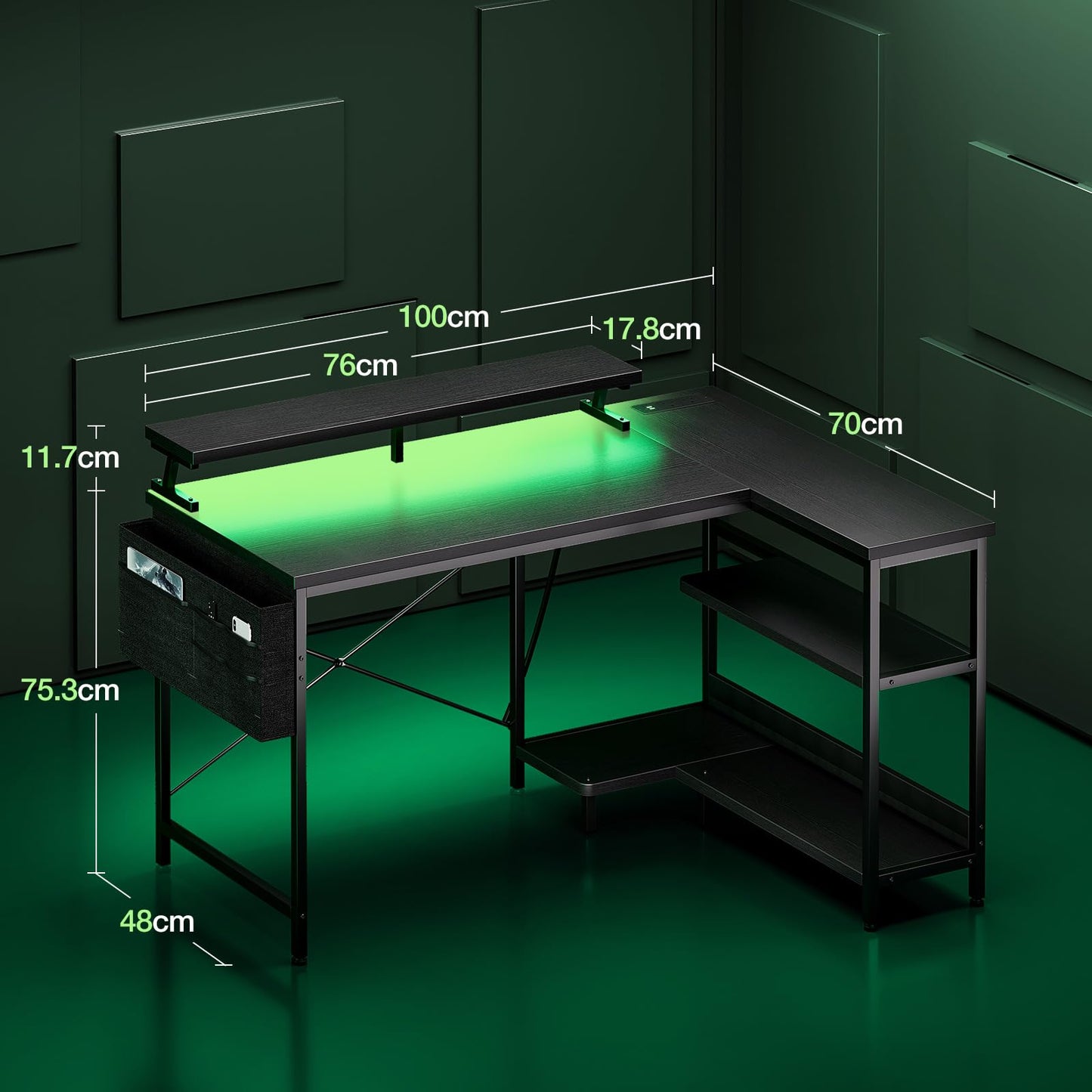 Coleshome L Shaped Gaming Desk with LED Lights & Power Outlet, 100x70 cm