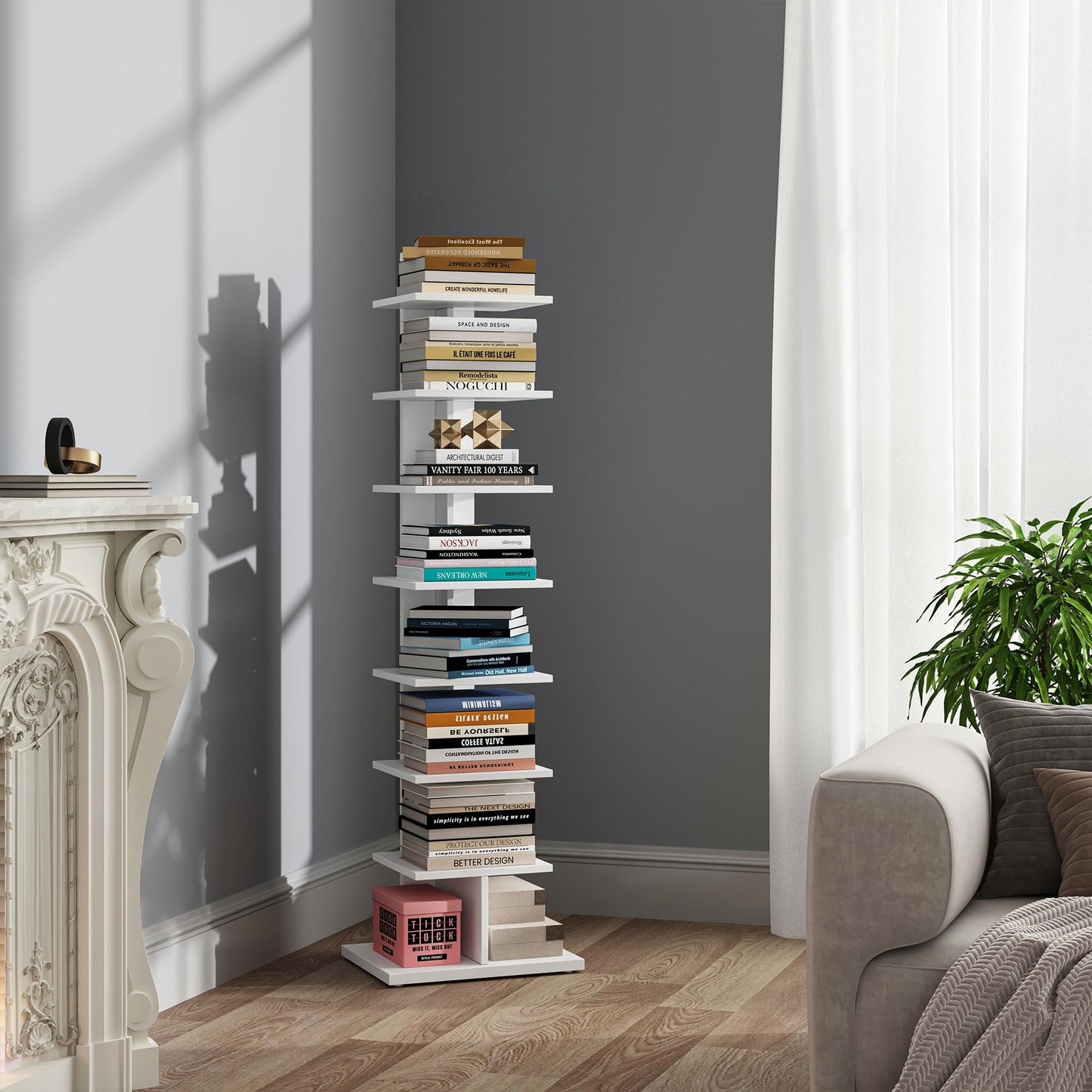 TUTOTAK Vertical Bookshelf, 8-Tier Bookcase, Narrow Spine Book Shelf for Small Space, Corner Standing Shelf for Living Room, Office, Study, Entryway