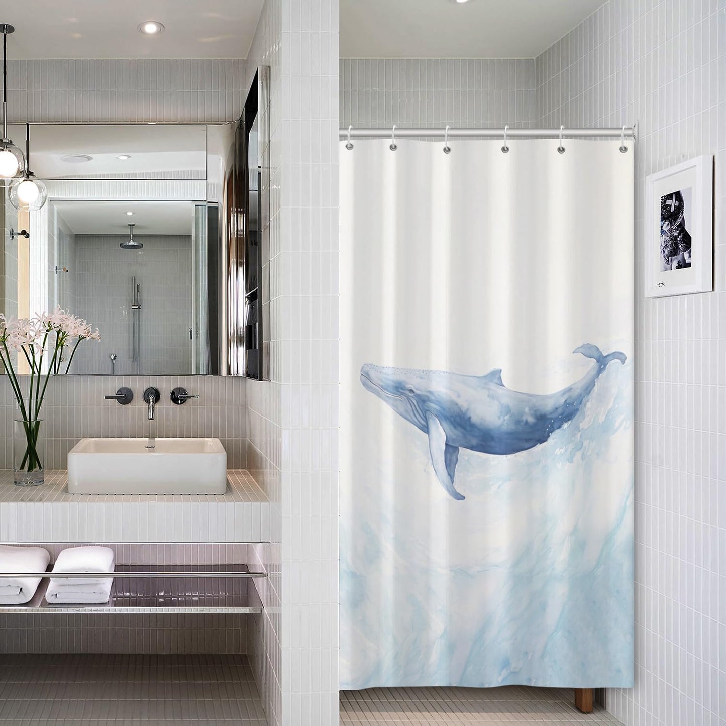 ASDCXZ Whale Shower Curtain 120x180 cm, Modern Art Watercolor Blue Whale Ocean Animal White Bath Washable Narrow Shower Curtains Polyester Textile