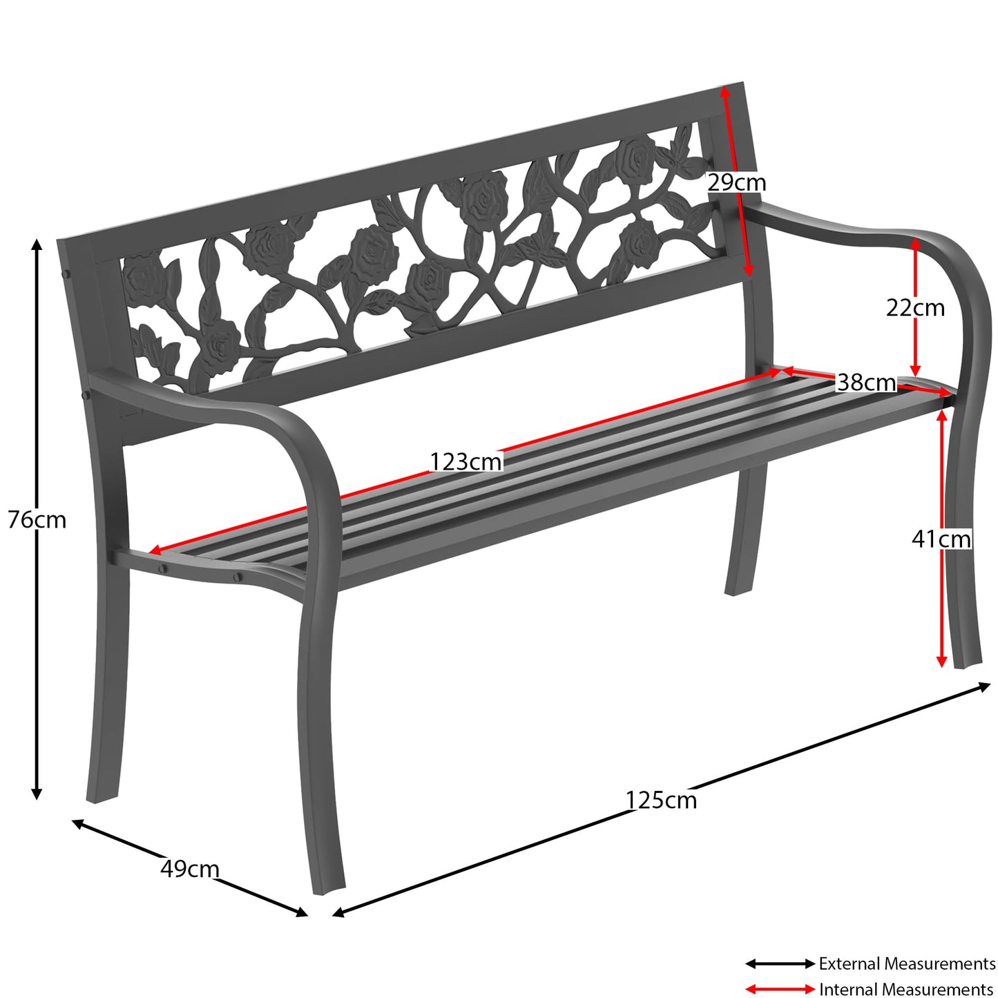 Garden Vida Steel Garden Bench, Rose Design 3 Seater Outdoor Furniture Seating Park Patio Seat , Black