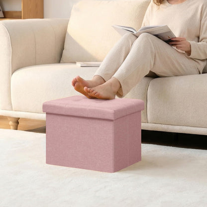 PINPLUS Tufted Linen Storage Ottoman Box, Foldable Footstool, Pink