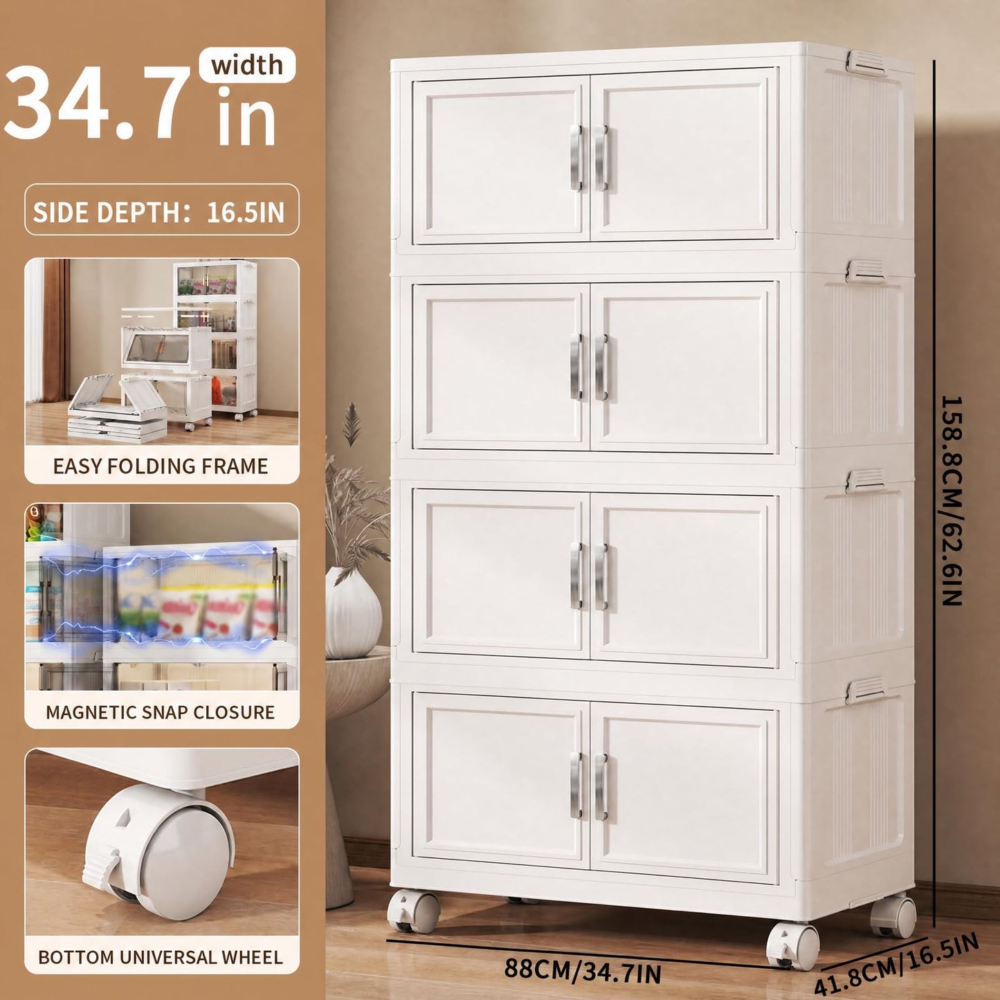 Naviconvex Storage Boxes with Lid, 120L*4 Tier Plastic Storage Box with 1 Lid, Foldable Boxes, Stackable Drawers with Wheels