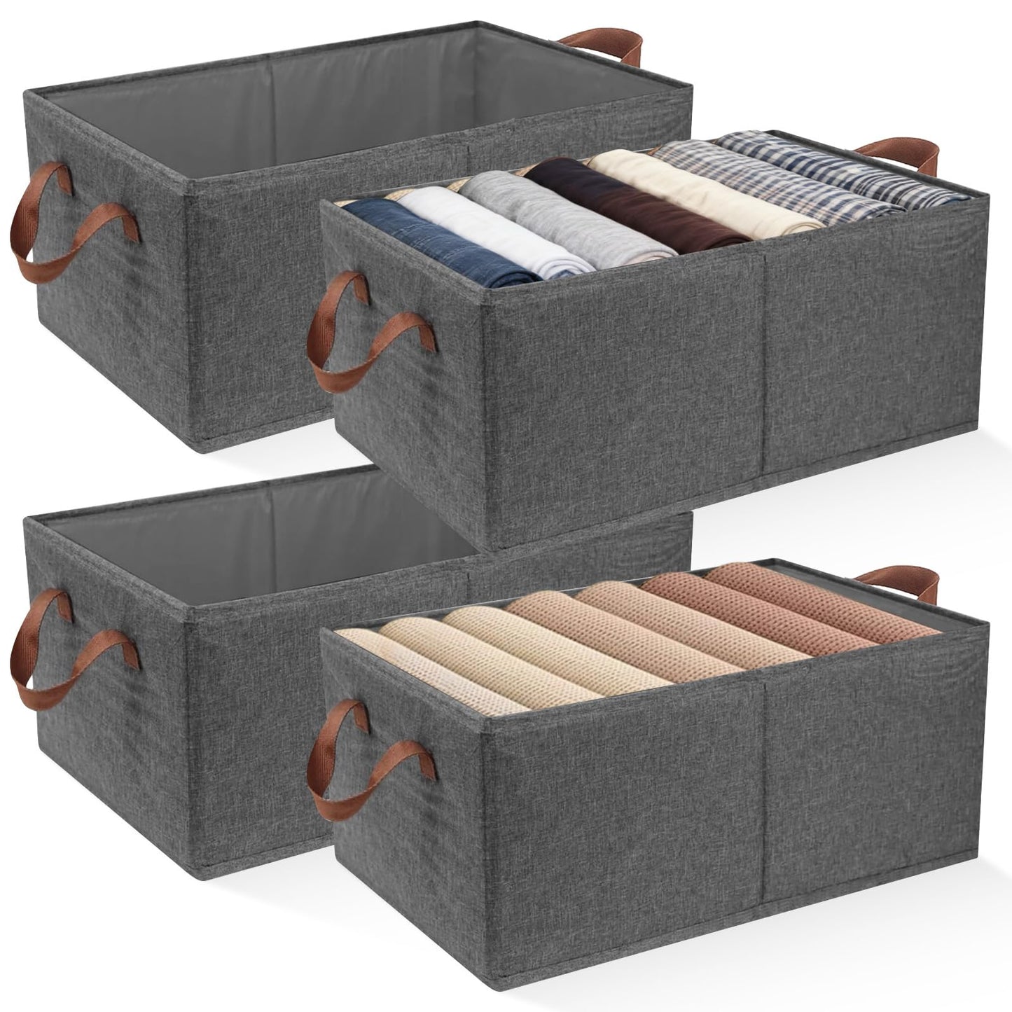 4 Pack Wardrobe Storage Organiser with Handles, Foldable Clothes Storage Baskets for Shelves, Collapsible Fabric Closet Shelf Boxes