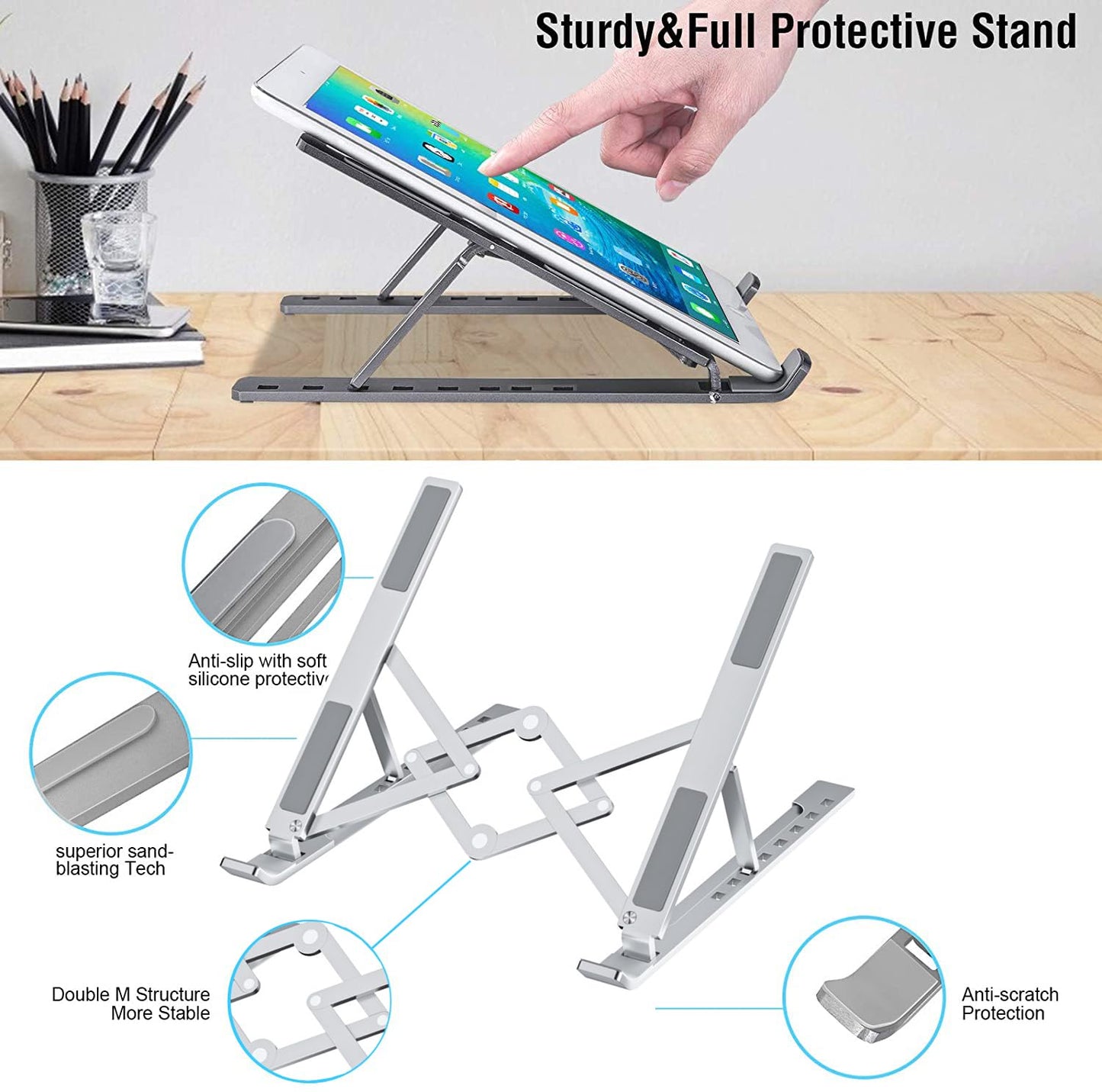OUGEP Laptop Stand For Desk, 8 Levels Height Adjustable Aluminum Laptop Portable, Compatible with MacBook Air/Pro, HP, ASUS, Dell
