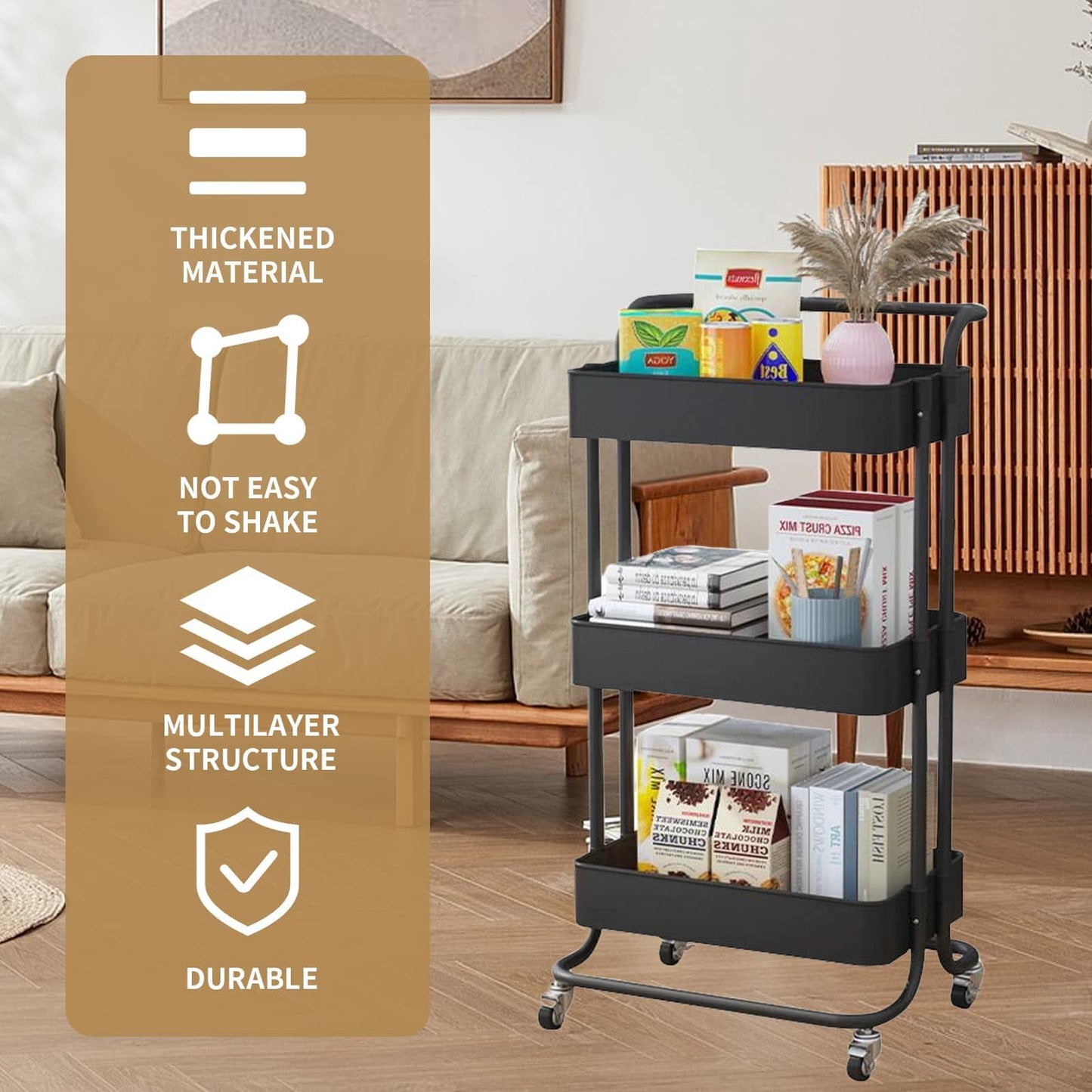 3 Tier Trolley Rolling Utility Storage Car with Wheels&Hanging Cups&Hooks