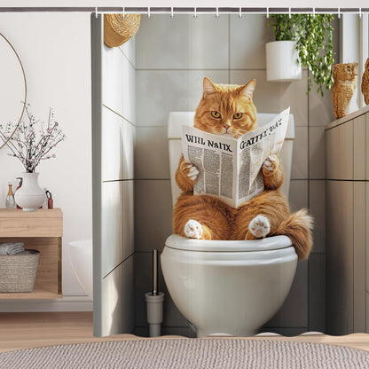 ASDCXZ Funny Cat Shower Curtain 180x200 cm, Cute Kitten Reading Newspaper Kids Bathroom Animal Hilarious Waterproof Bath Curtain Polyester Textile