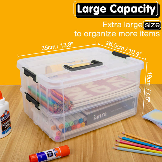 Creahaus 2 Layer Plastic Storage Containers with Lids, Multipurpose Clear Stack & Carry Box