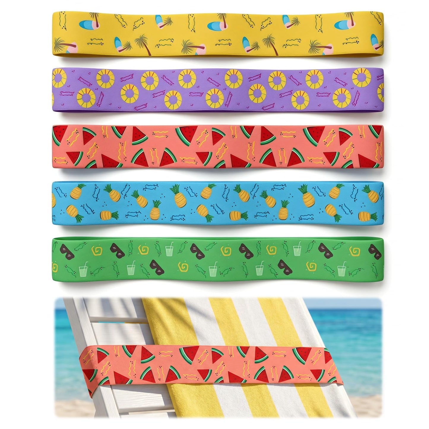 Merzio 5Pcs Beach Towel Bands for Sun Loungers, Elastic Windproof Sunbed Towel Clips, Cruise Essentials Accessories for Pool Chairs