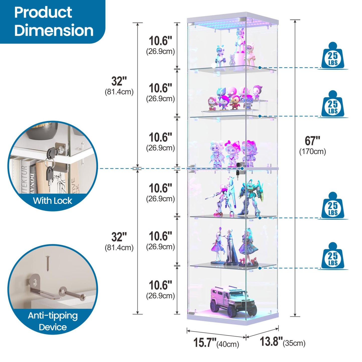 FREDEES Display Cabinet with RGB Lights and Glass Door, 6-Tier, White