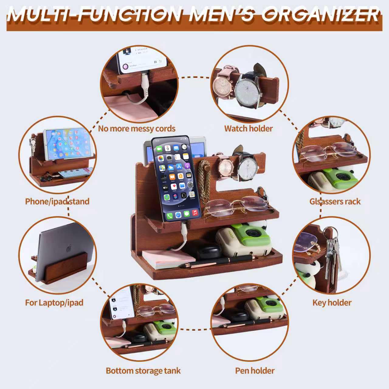 ELEVAT Gifts for Men Christmas Wood Phone Docking Station Desk Organizer Fathers Gifts Anniversary Birthday Gifts for him Xmas Presents for husband