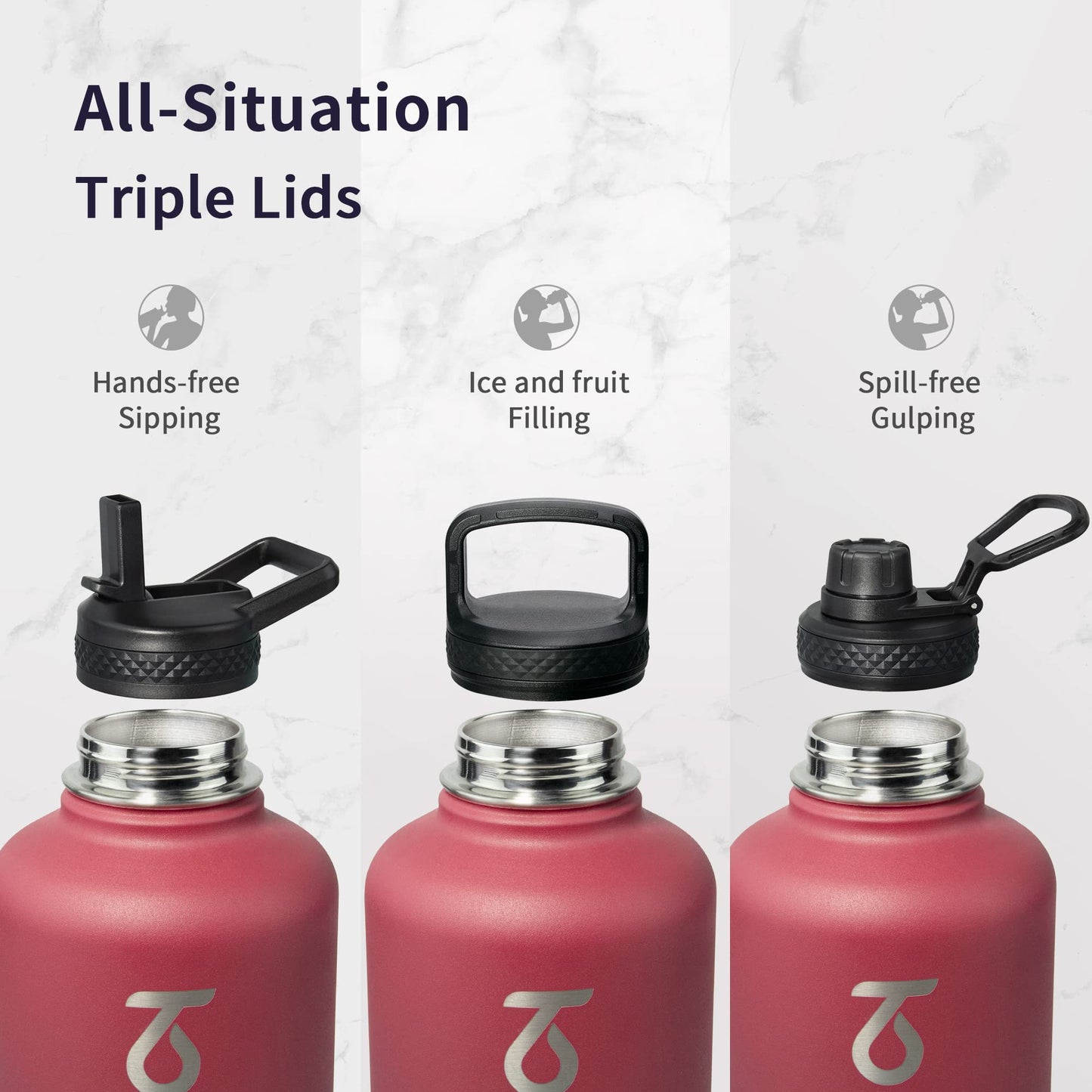 Insulated Water Bottle 2L, Trebo Metal Bottle with Paracord Handle Wide Mouth Double Wall Stainless Steel Large Sports Bottle Keep Cold 48 Hours Water