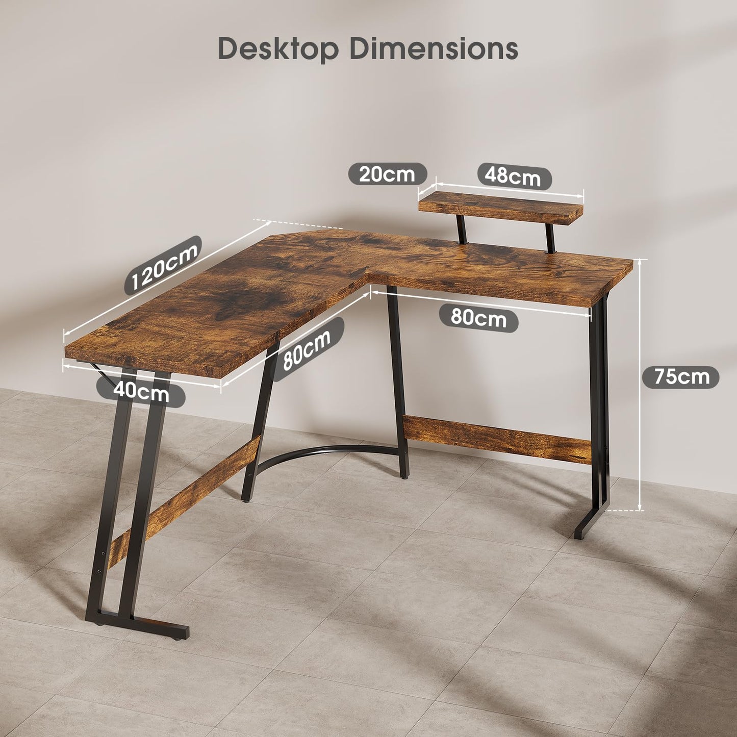 JUMMICO L Shaped Gaming Desk with Large Monitor Stand 120x120x75cm,Corner Desk for Home Office Study Writing Workstation, Wood Grain Rustic Brown