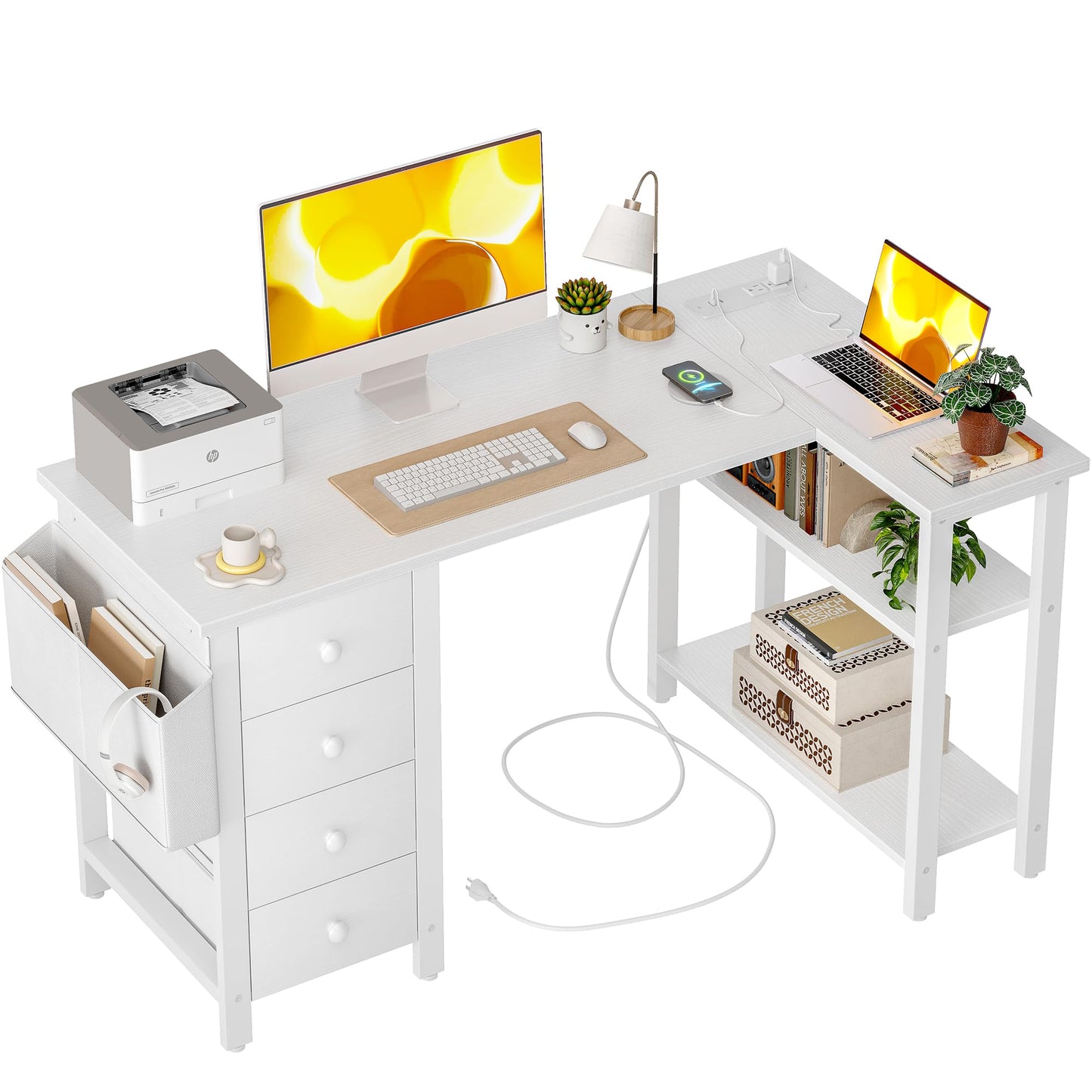 BEXEVUE Small L Shaped Desk with 4 Drawers and Power Strips, 120cm Comuputer Desk with Fabric Storage Drawers