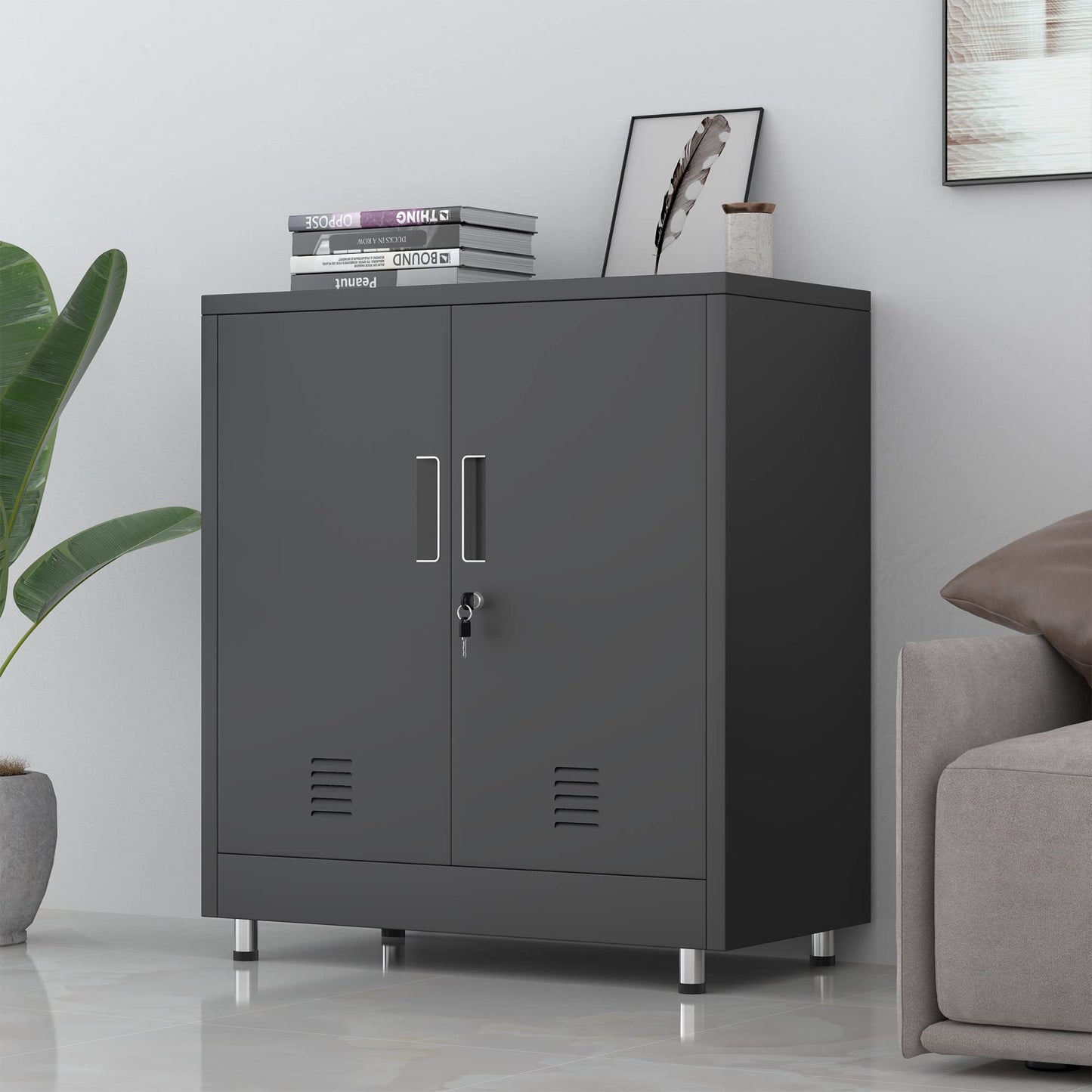 JINGUR Metal Storage Cupboard with Locking Doors and Adjustable Shelf, Small Lockable Sideboard Buffet Cabinet for Home Office Hallway Entryway
